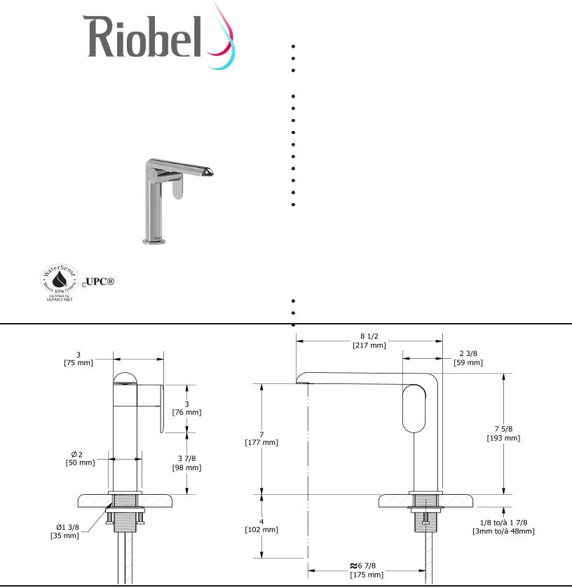 Riobel CIS00BC, CIS00BCBK10, CIS00BG Specifications