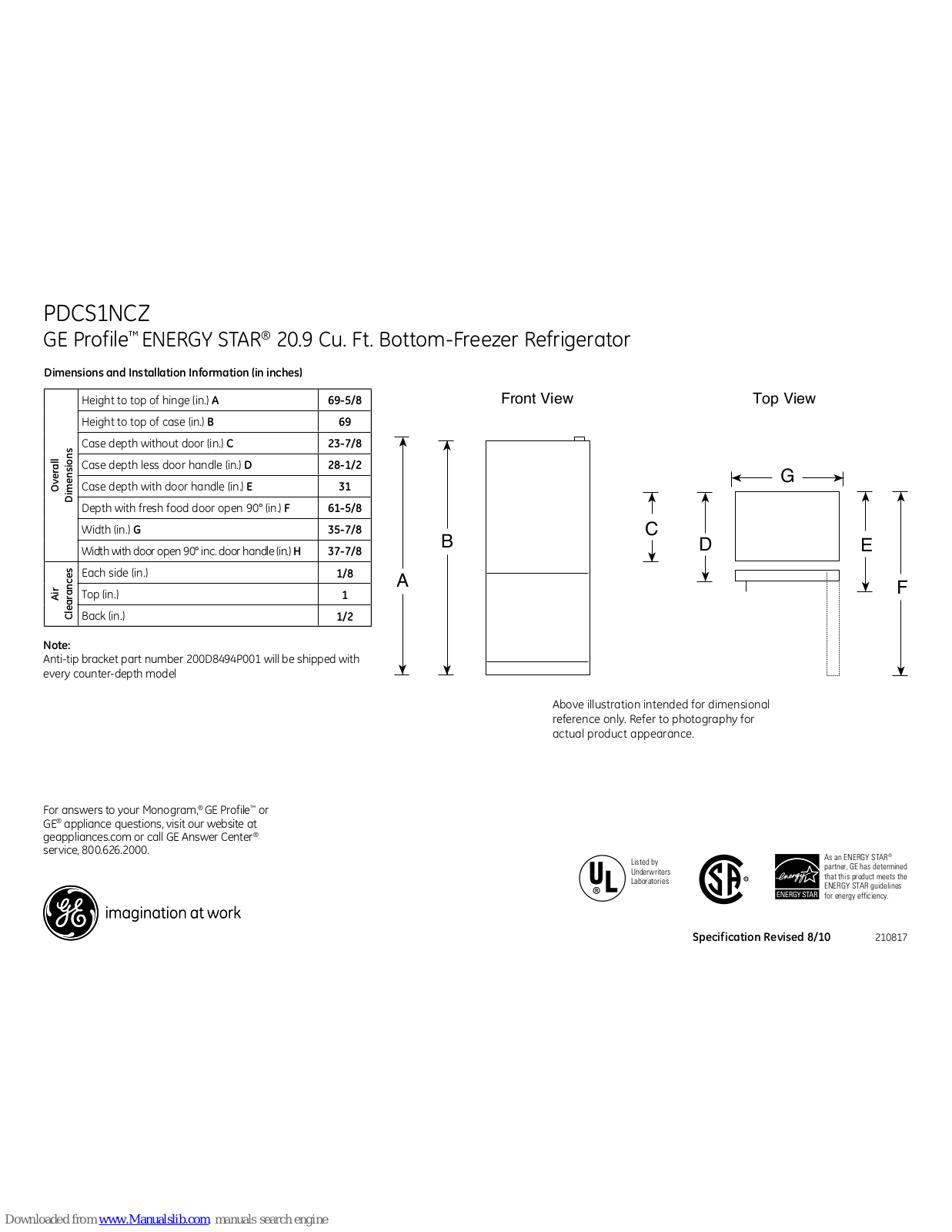 GE ENERGY PROFILE PDCS1NCZ, Profile PDCS1NCZRSS, ENERGY PROFILE PDSS0MFX, Profile PDCS1NCZLSS Dimensions And Installation Information