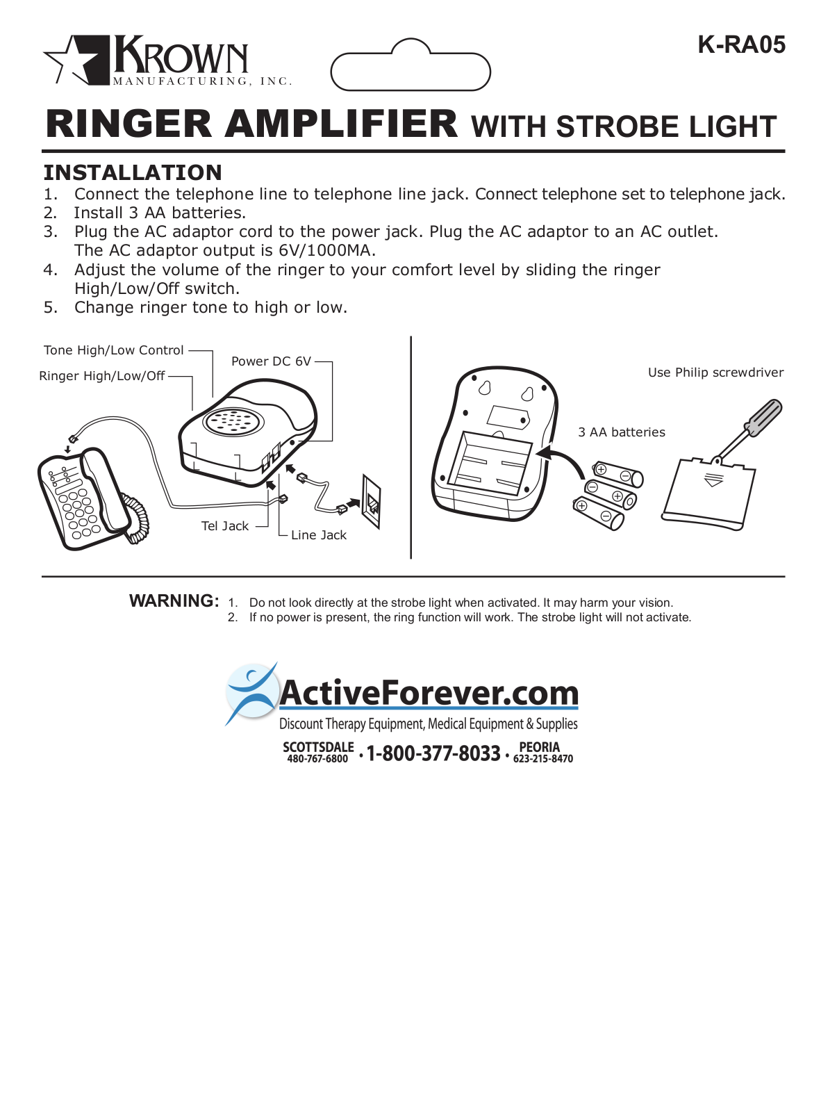 Activeforever Krown RA-05 Amplified Ringer with Strobe User Manual