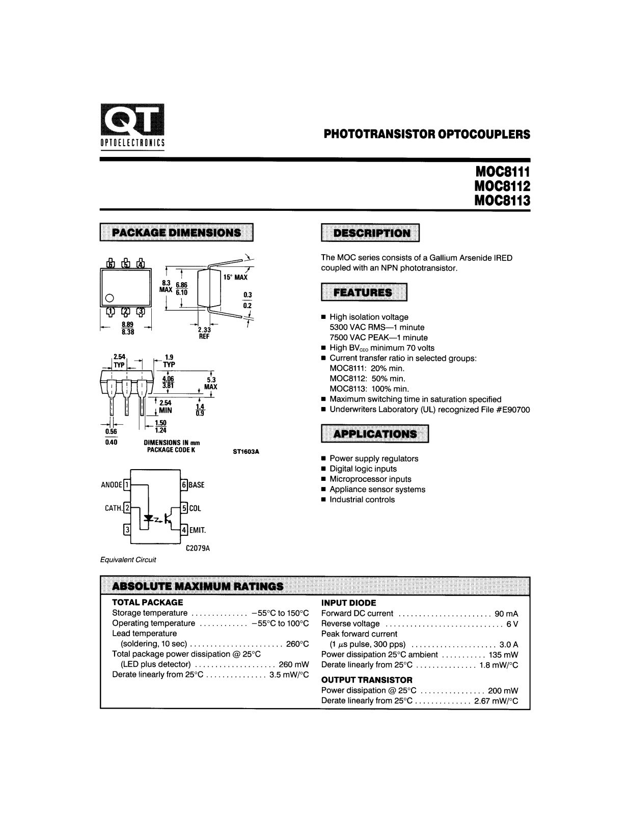 QT MOC8111, MOC8112, MOC8113 Datasheet