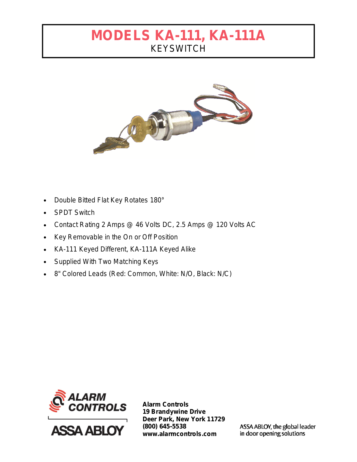 Alarm Controls KA-111A, KA-111 Specsheet