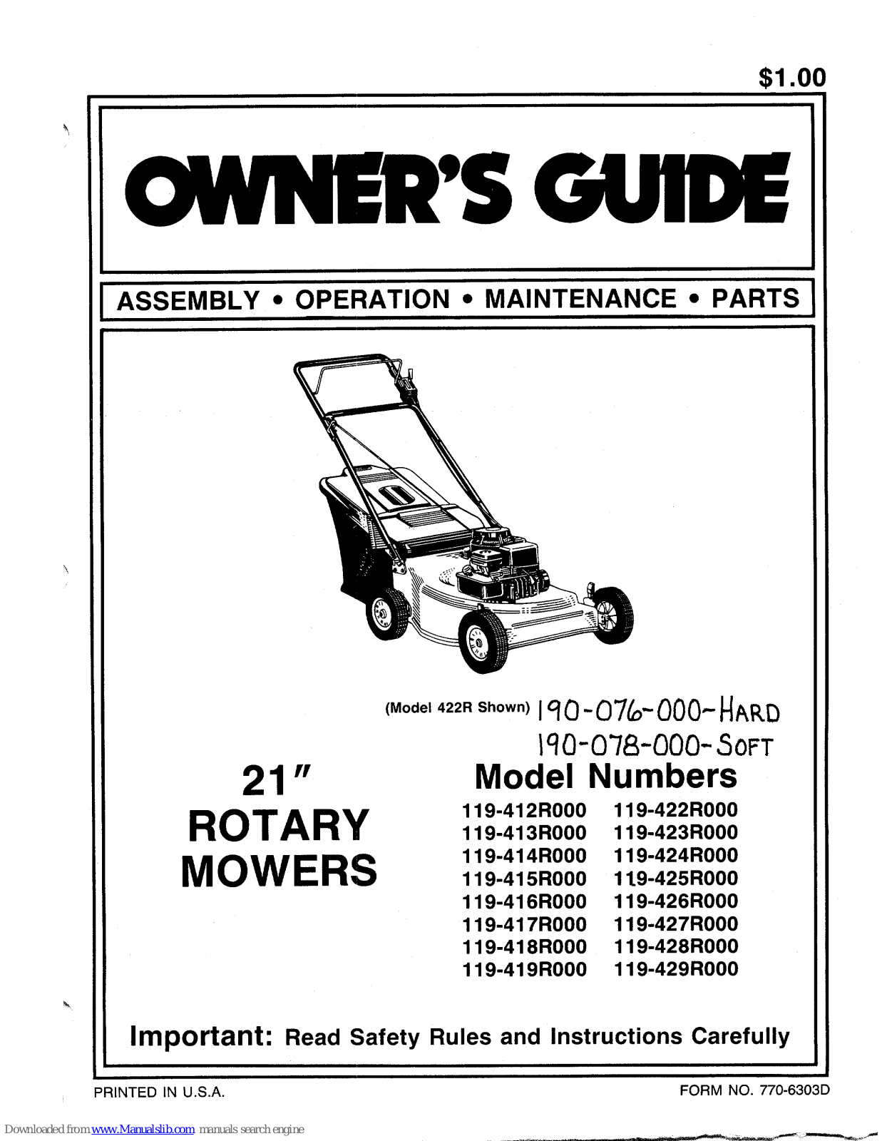 MTD 119-412R000, 119-417R000, 119-414R000, 119-413R000, 119-418R000 Owner's Manual