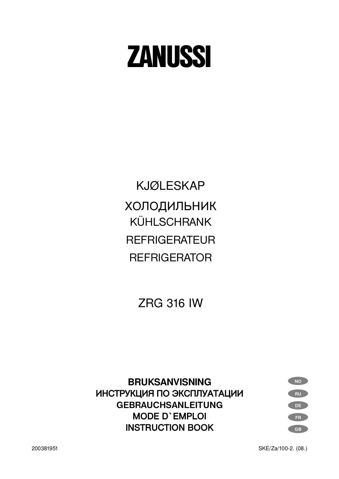 Zanussi ZRG316IW USER MANUAL