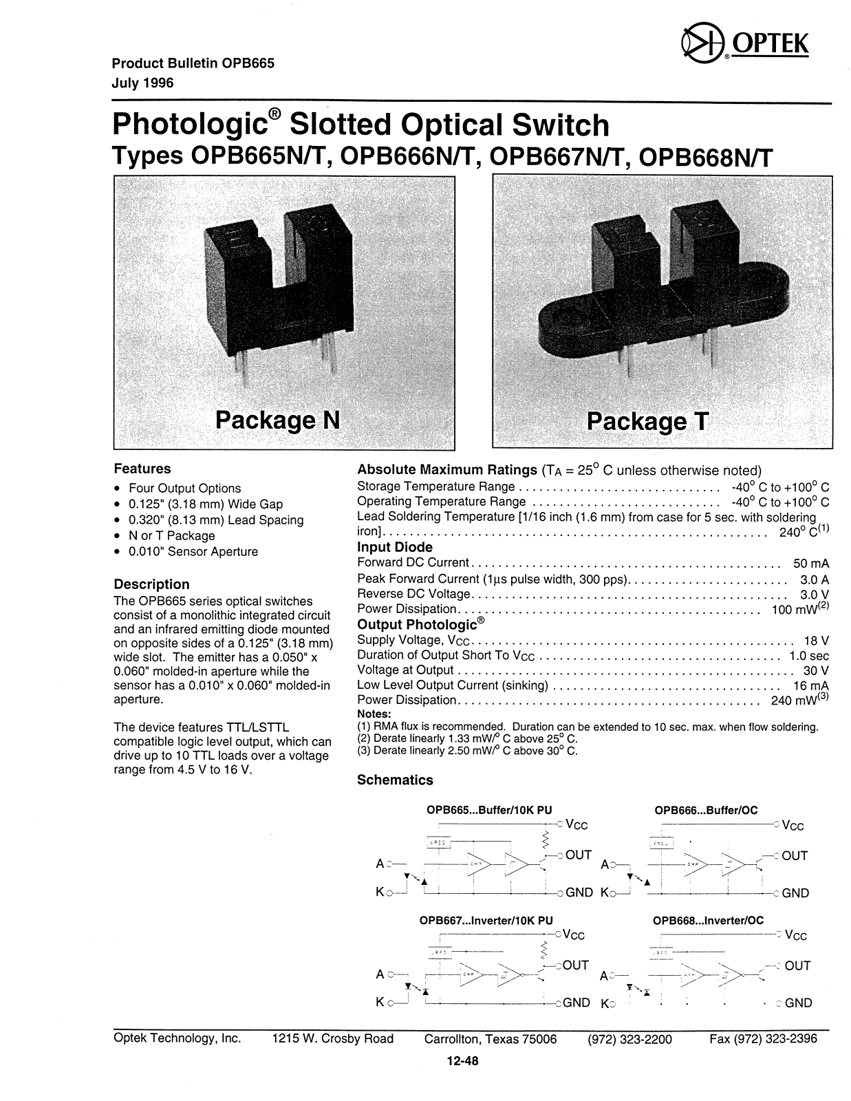 OPTEK OPB668N, OPB665T, OPB666T, OPB667N, OPB665N Datasheet