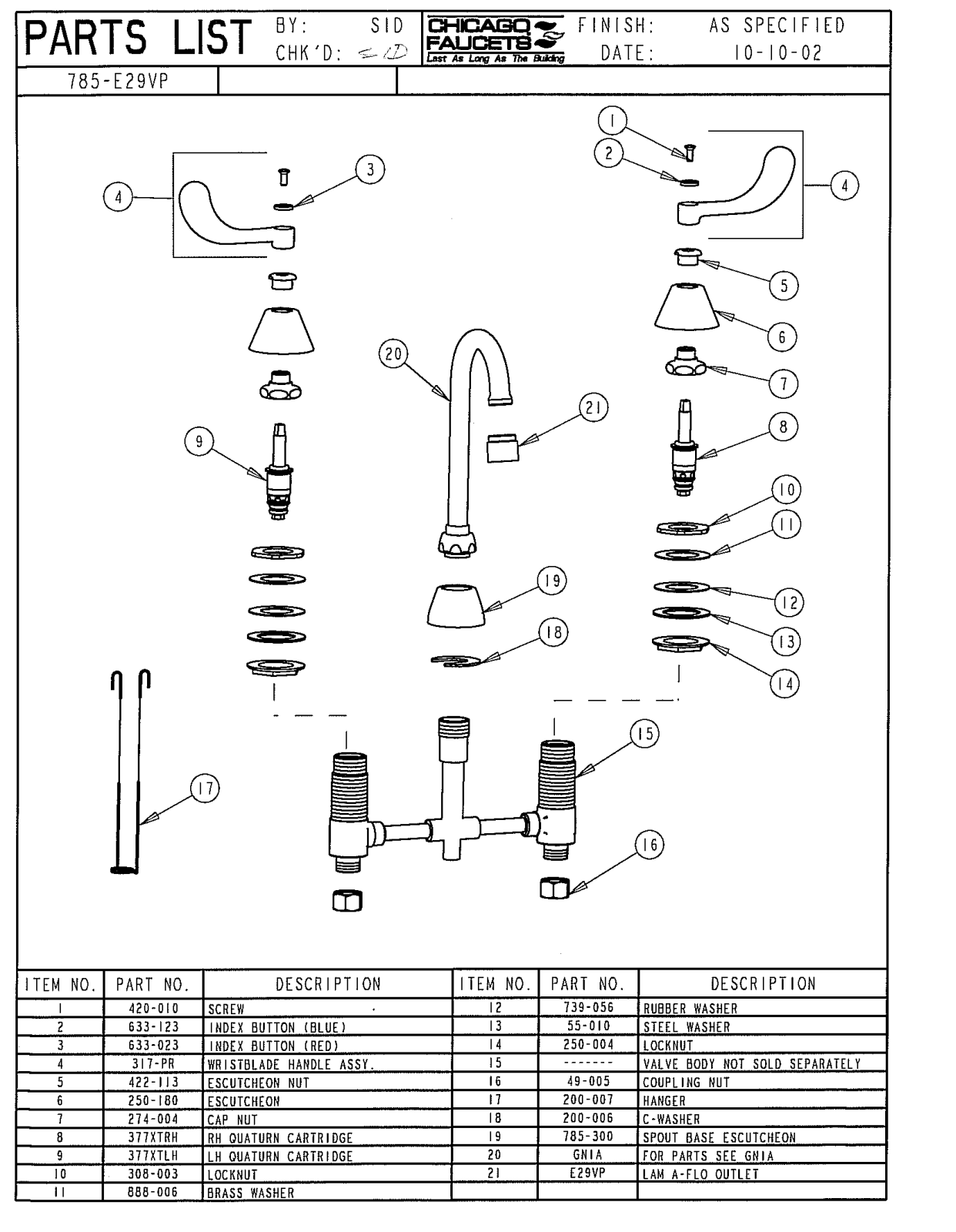 Chicago Faucet 785-E29VPCP Parts List