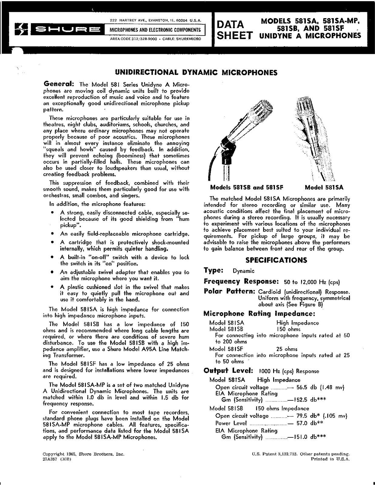 Shure 581SA User Guide - ManualMachine.com
