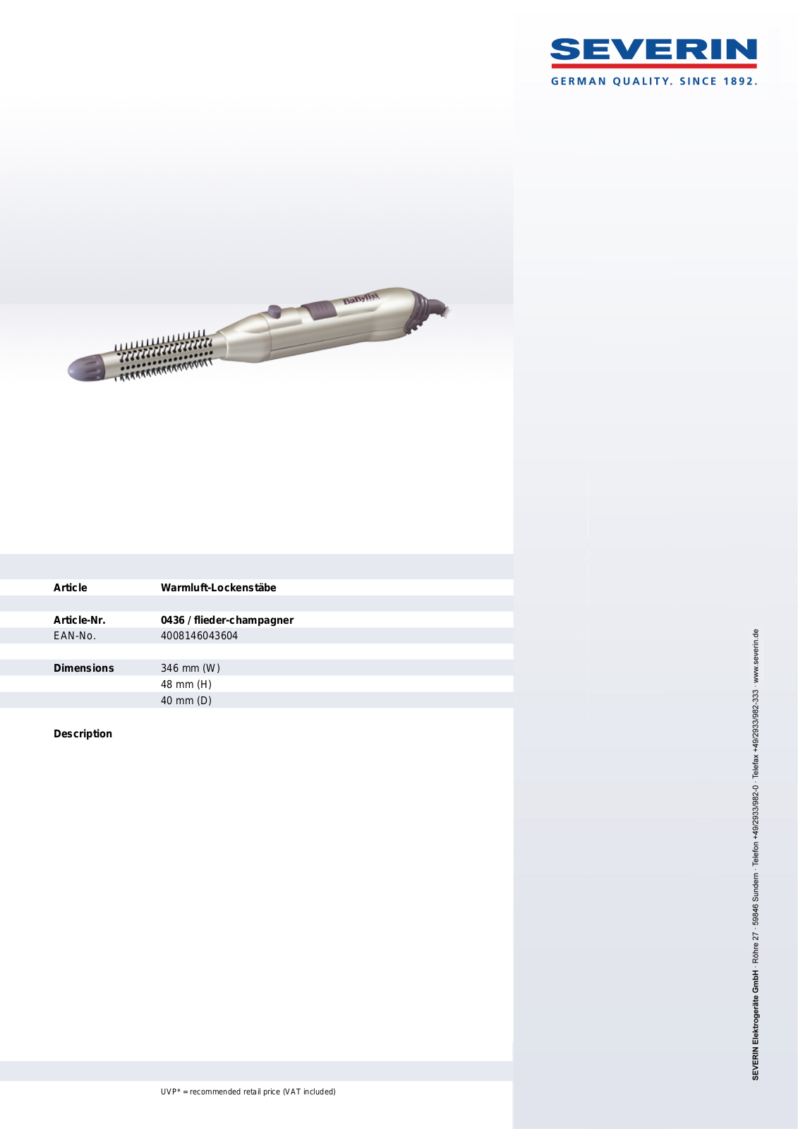 Severin RETRACTABLE STYLER 0436 User Manual