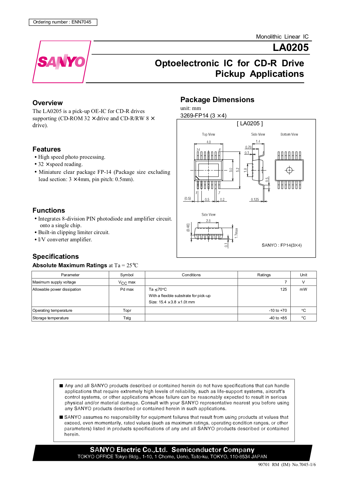 Sanyo LA0205 Specifications