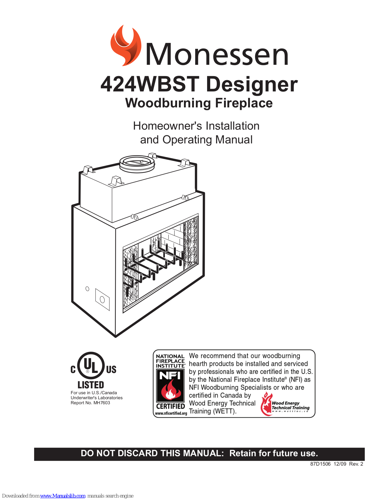 Monessen Hearth WOODBURNING FIREPLACE 424WBST Installation And Operating Manual