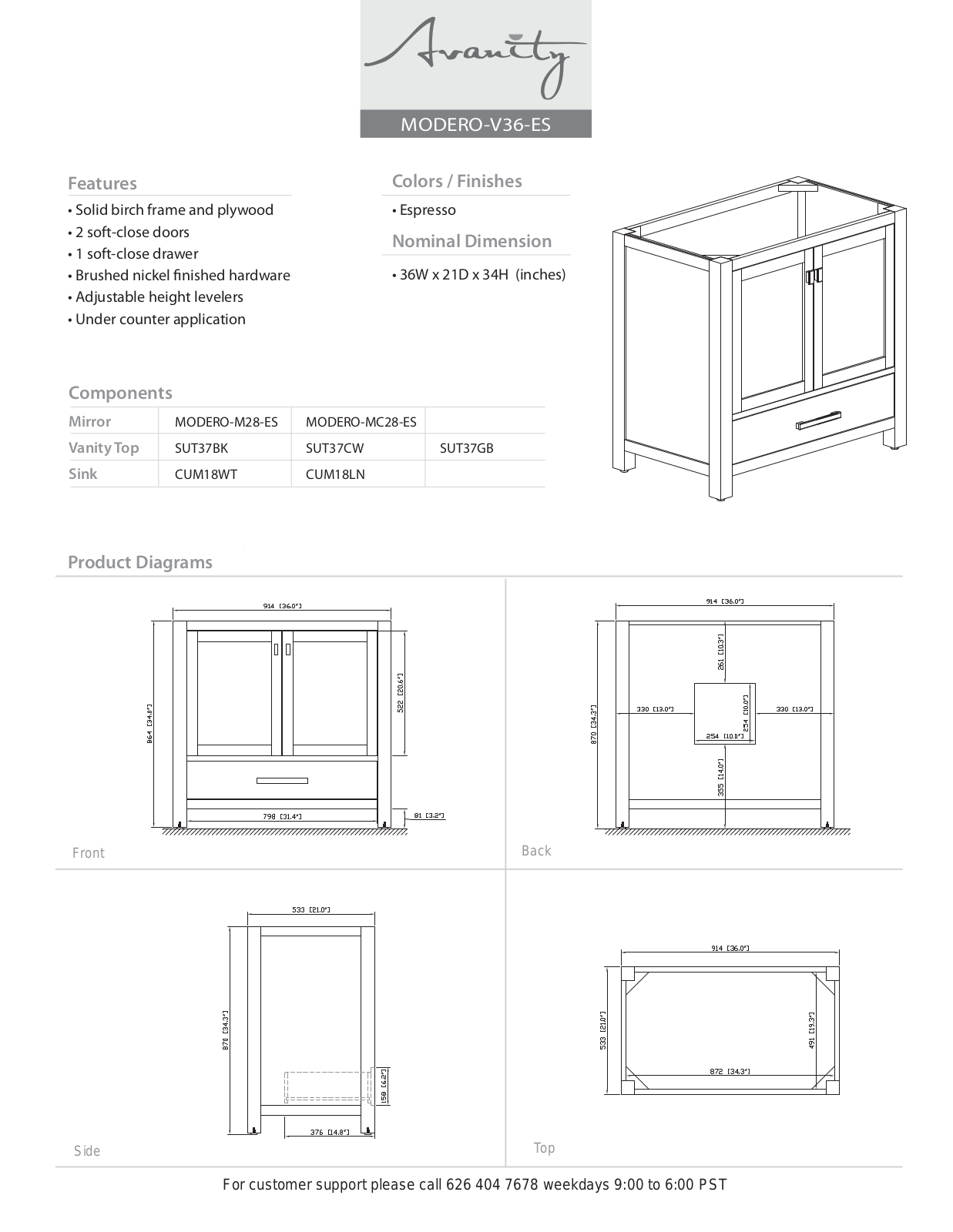 Avanity MODEROV36WT Specifications