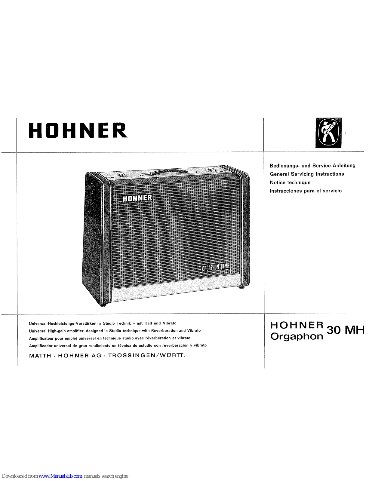 Hohner Orgaphon 30 MH General Service Instructions Manual