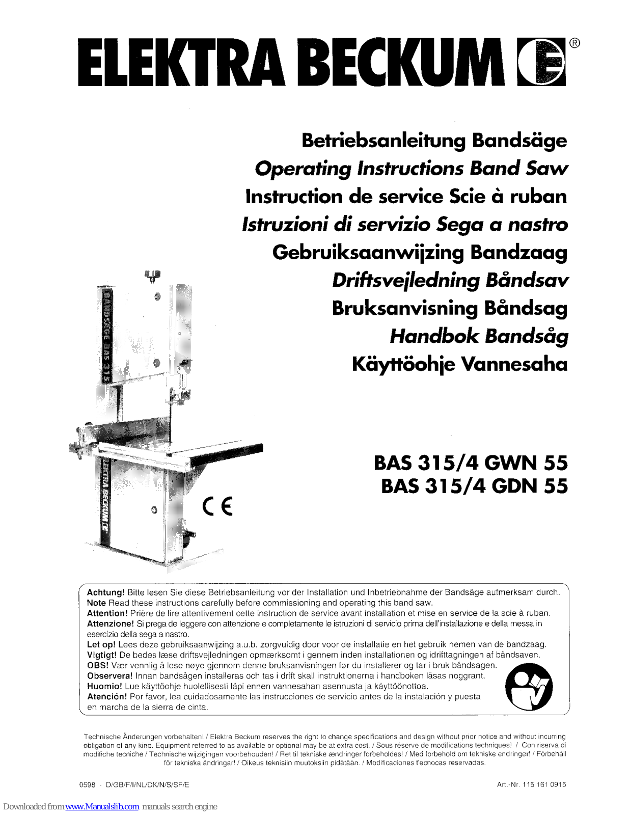 Elektra Beckum BAS 315/4 GDN 55, BAS 315/4 GWN 55 Operating Instructions Manual