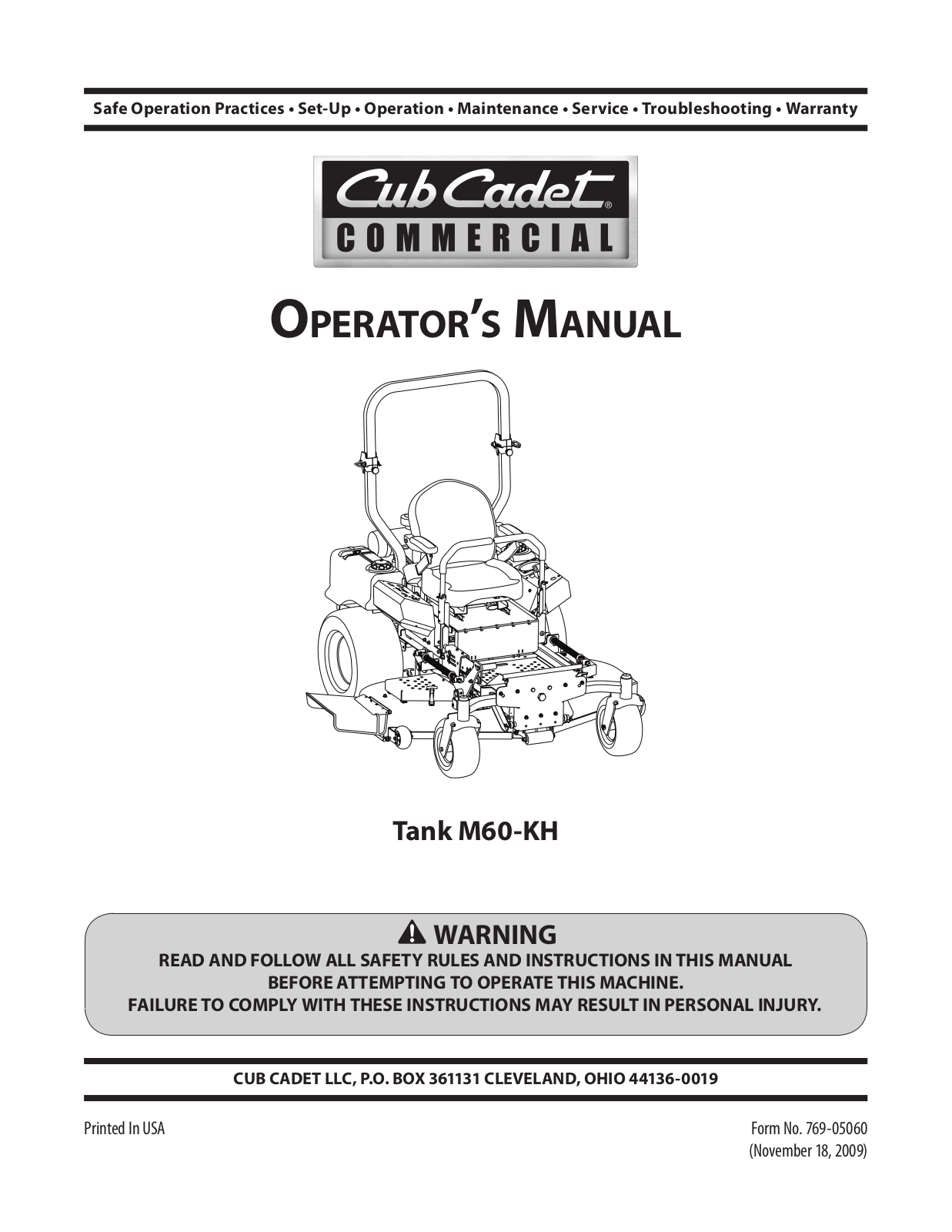 Cub Cadet Tank M60-KH, Tank M54-KH, Tank M72, 37 HP Tank 72, Tank M60 Operator's Manual