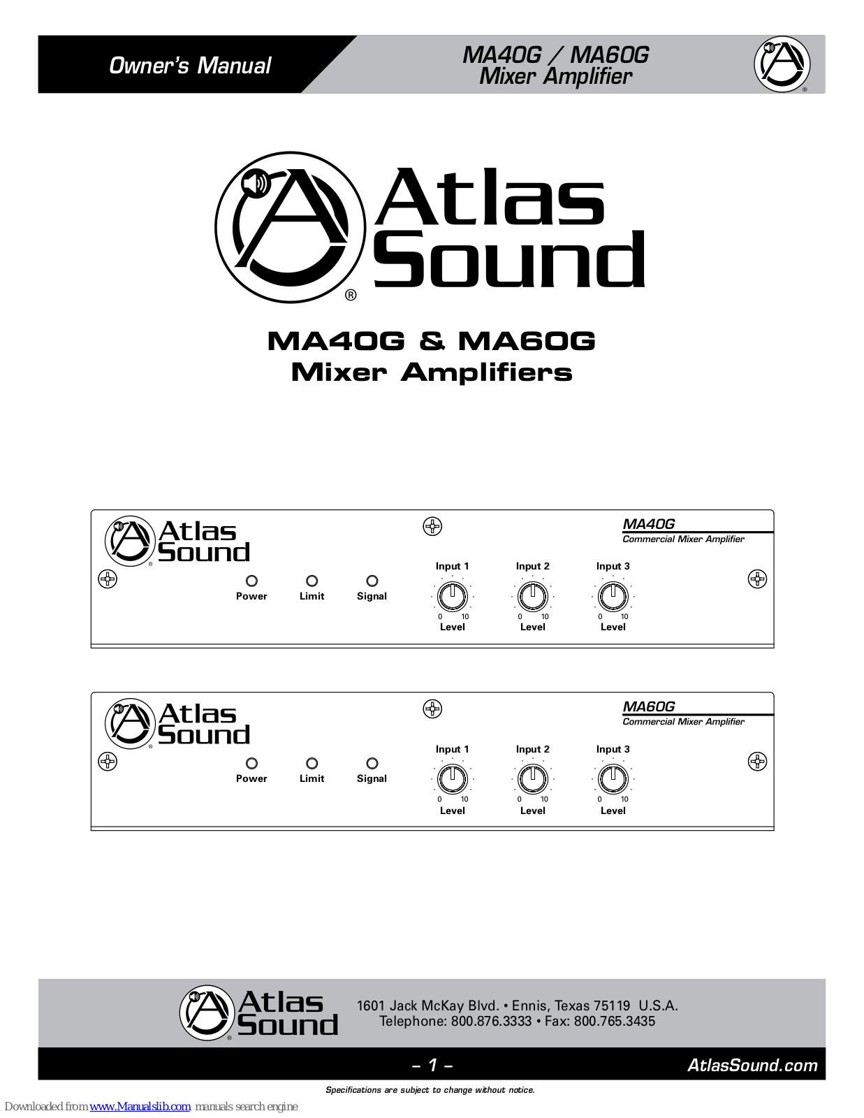 Atlas MA40G, MA60G Owner's Manual