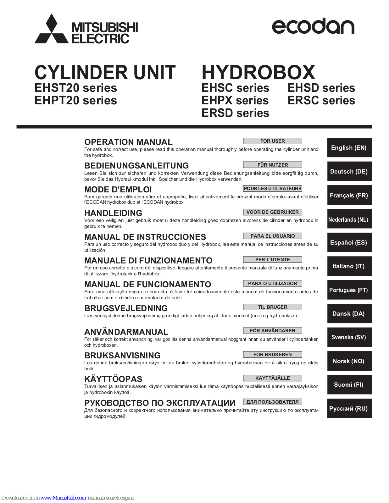 Mitsubishi EHSC-VM6C, EHSD-VM2C, EHSC-YM9C, EHSC-YM9CL, EHSC-TM9C Operation Manual