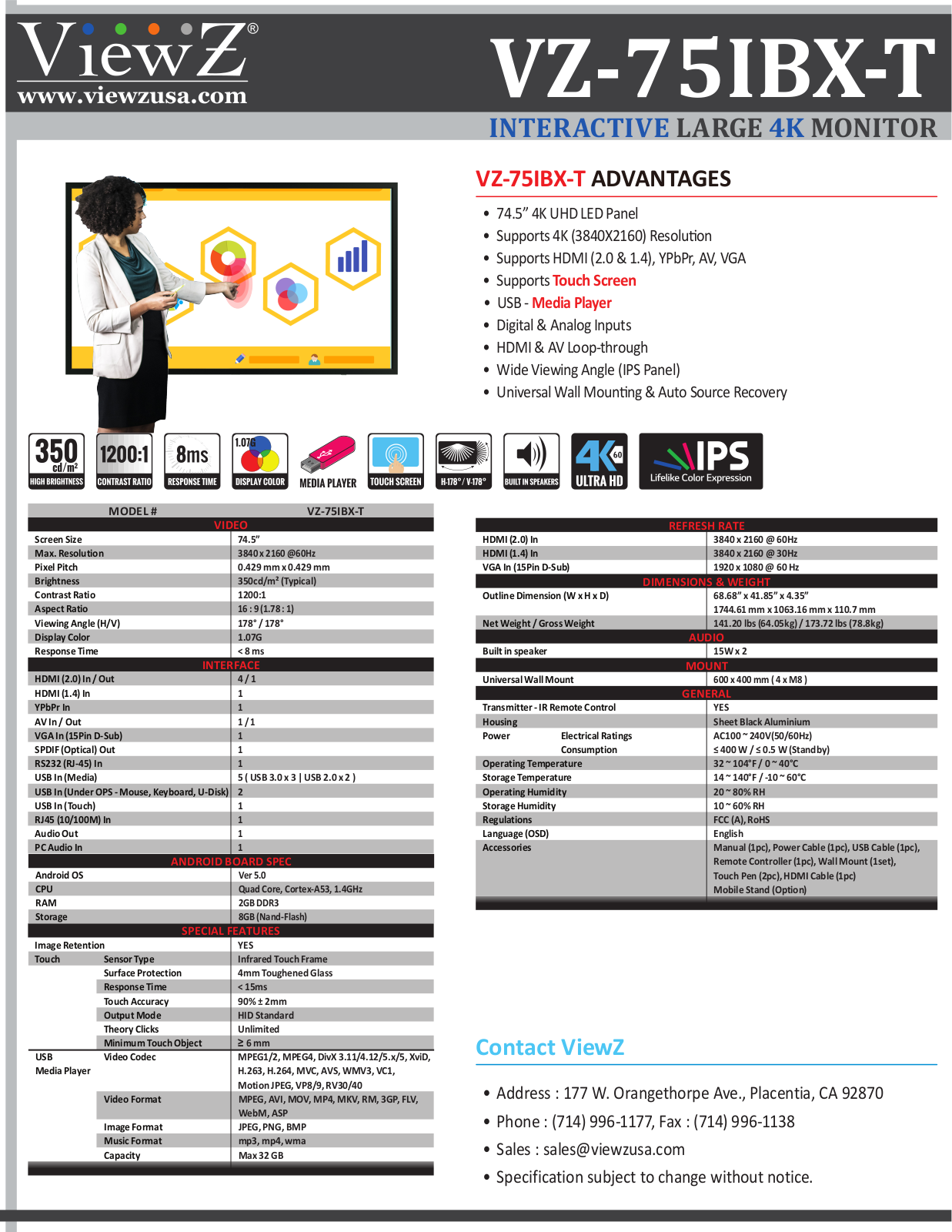 ViewZ VZ-75IBX-T Specsheet