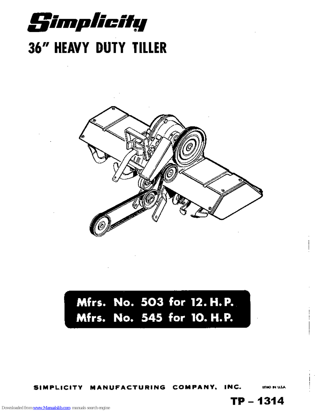 Simplicity 503 for 12 H.P, 545 for 10 H.P., 503, 545 User Manual