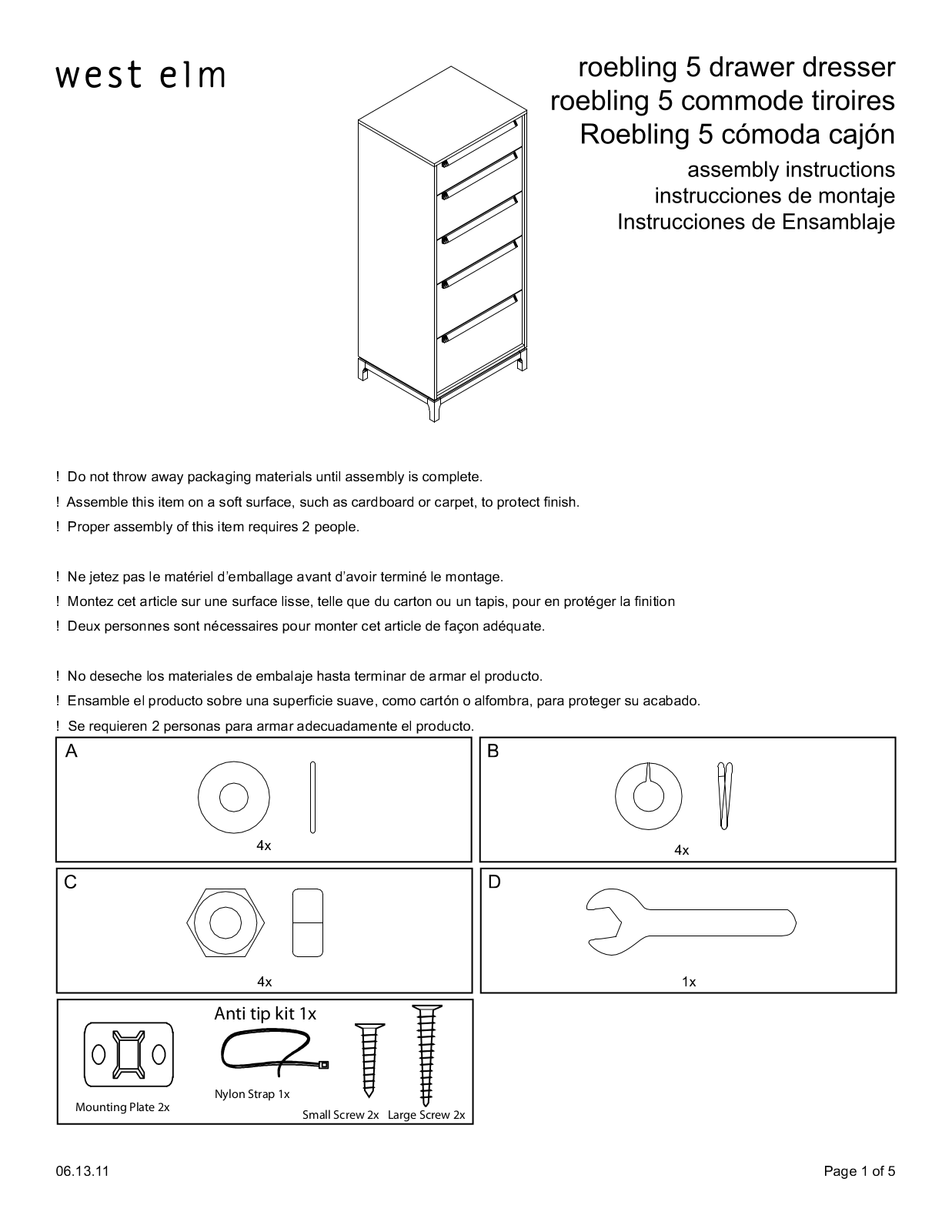 West Elm Roebling Bedroom Collection 5 Drawer Dresser Assembly Instruction