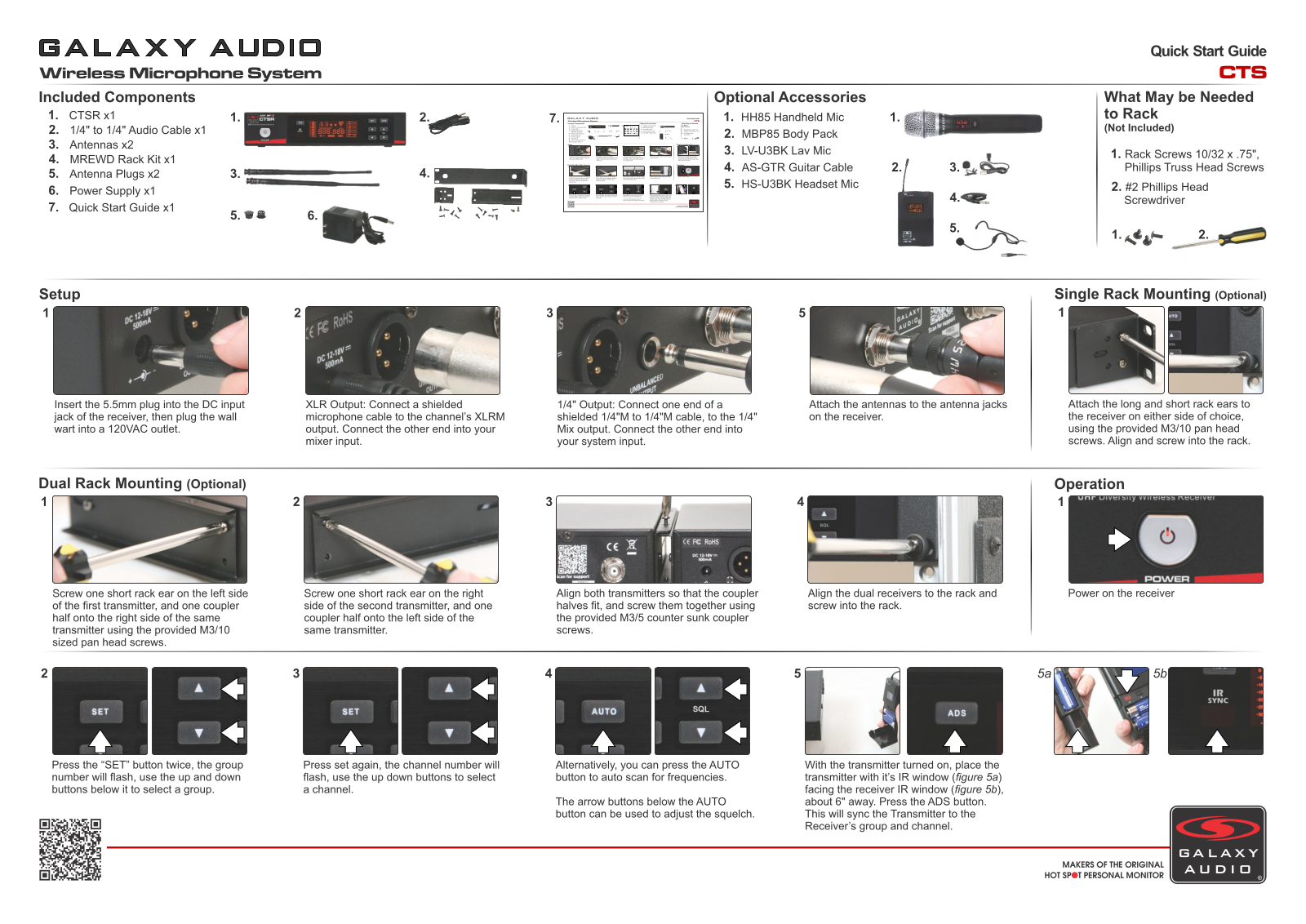 Galaxy Audio CTSR, HH85 Quick Start Guide