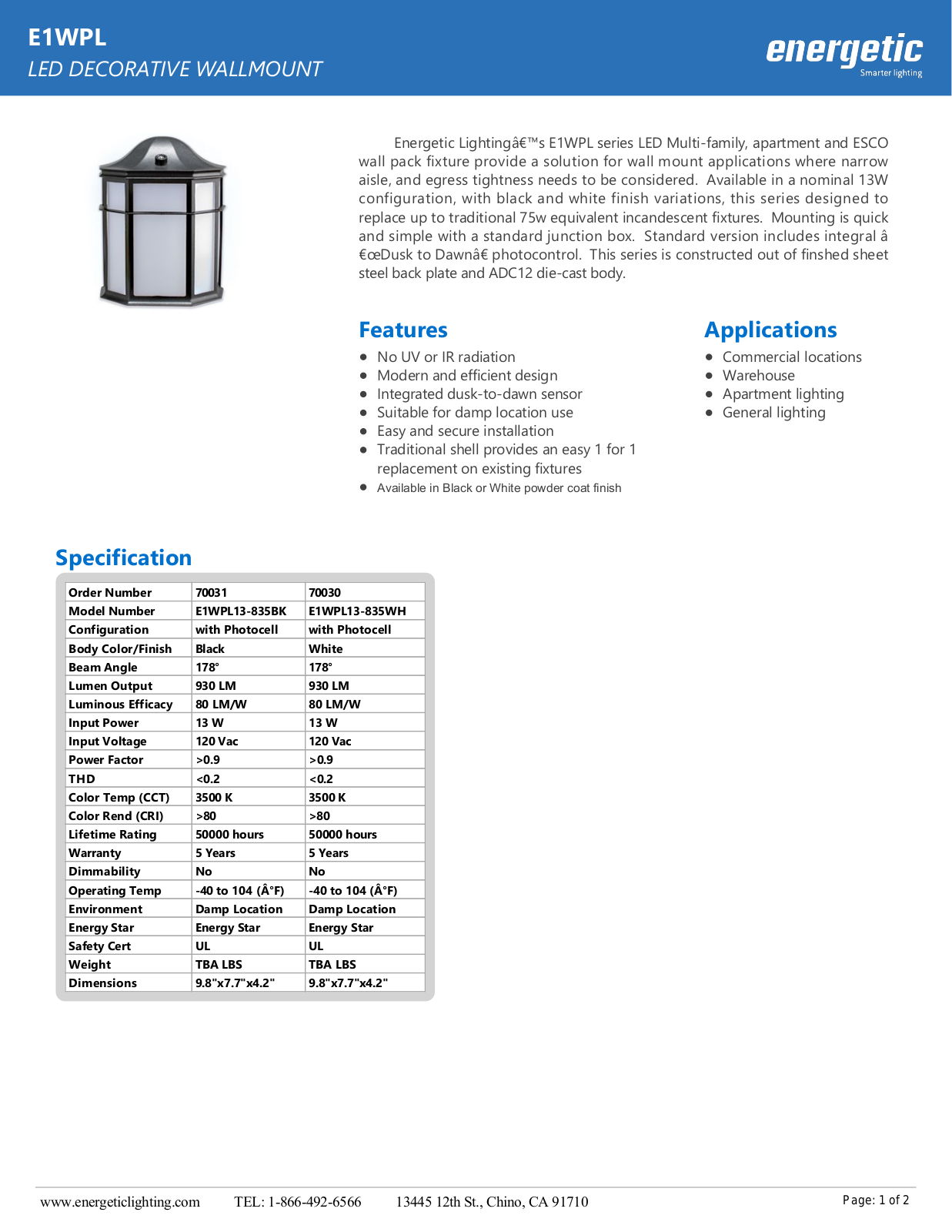 Energetic Lighting EGT10069 Specifications - ManualMachine.com