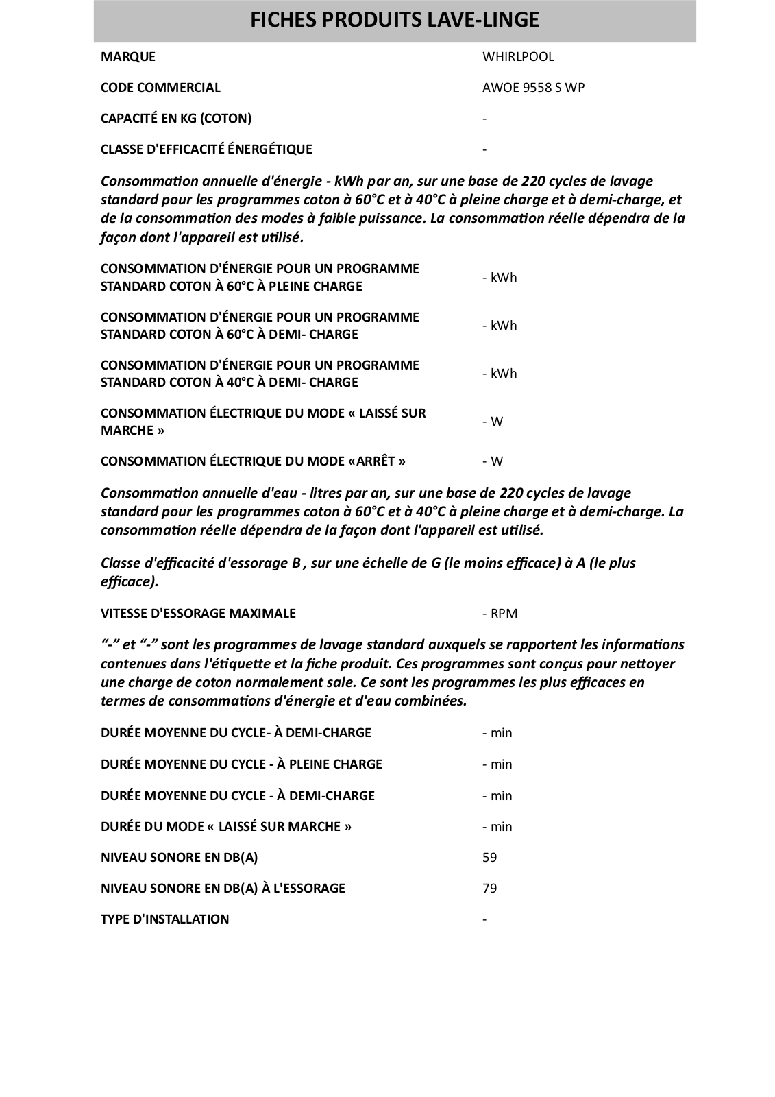 Whirlpool AWOE 9558 S WP PRODUCT SHEET