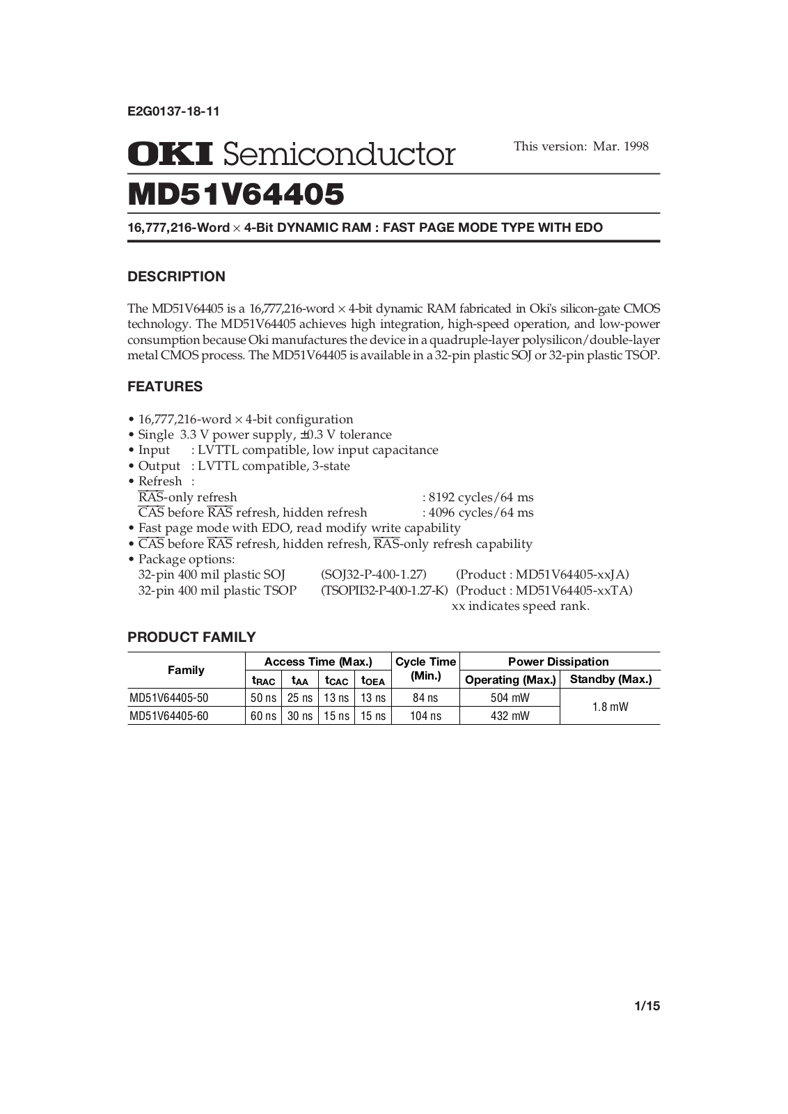 Datasheet MD51V64405-60TA, MD51V64405-50JA, MD51V64405-50TA, MD51V64405-60JA Datasheet (OKI) - ManualMachine.com