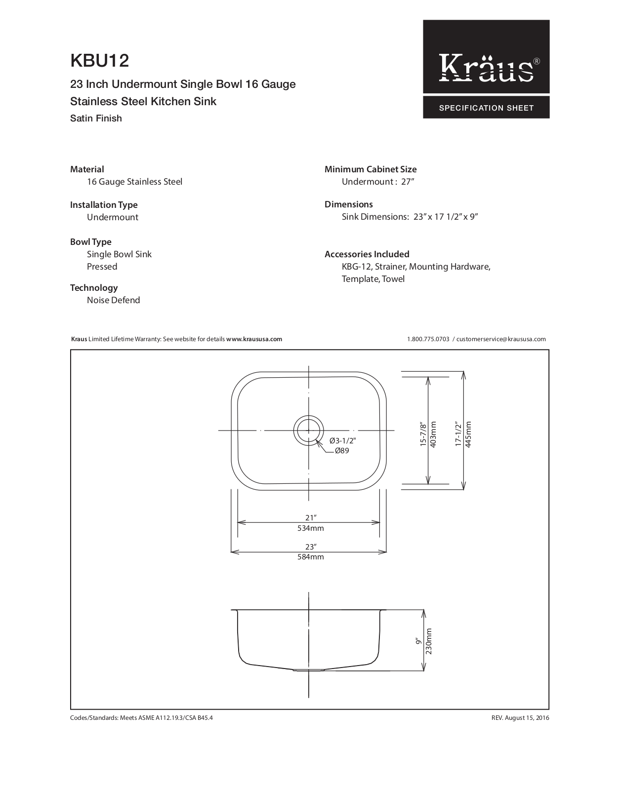 Kraus KBU12 Specs