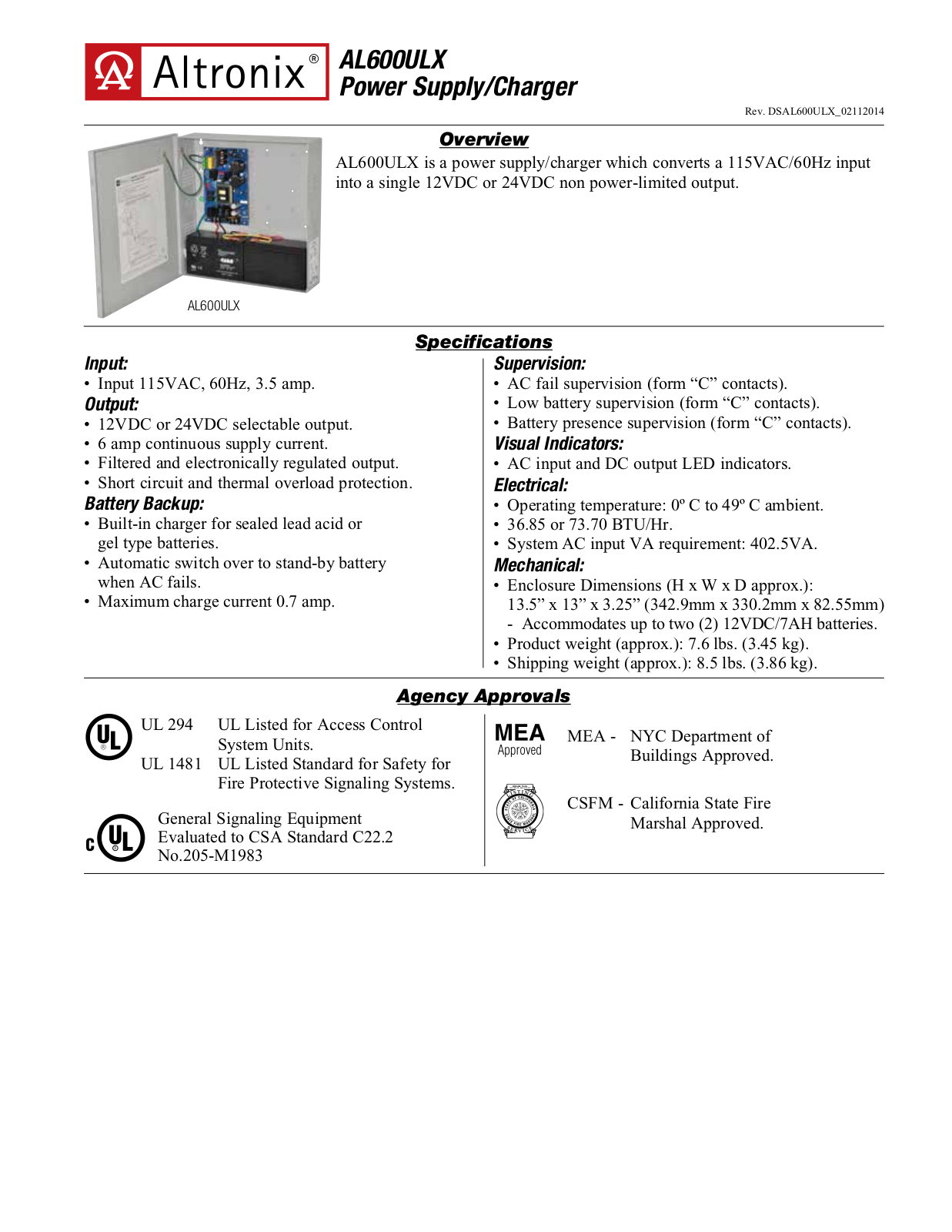 Altronix AL600ULX Specsheet