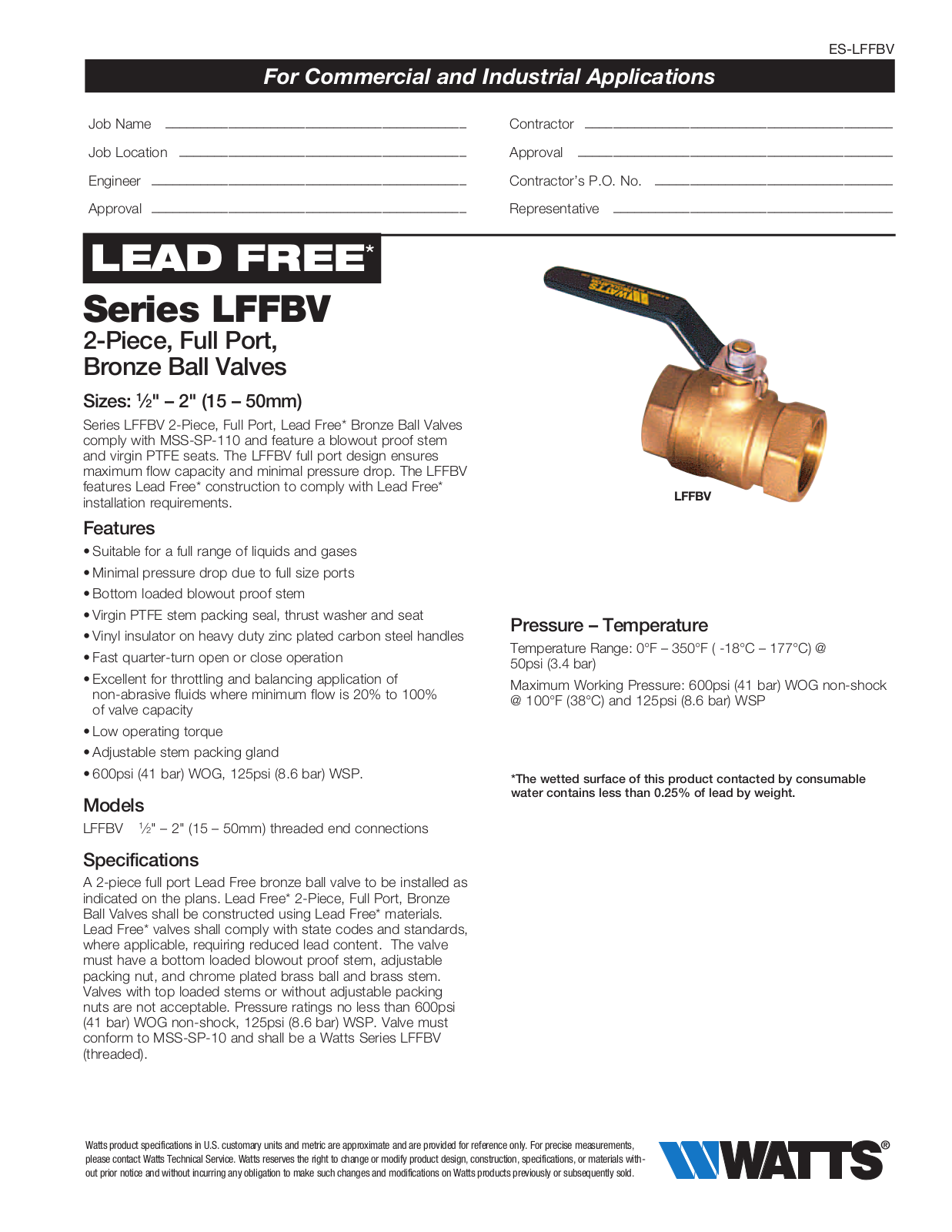 Watts LFFBV User Manual