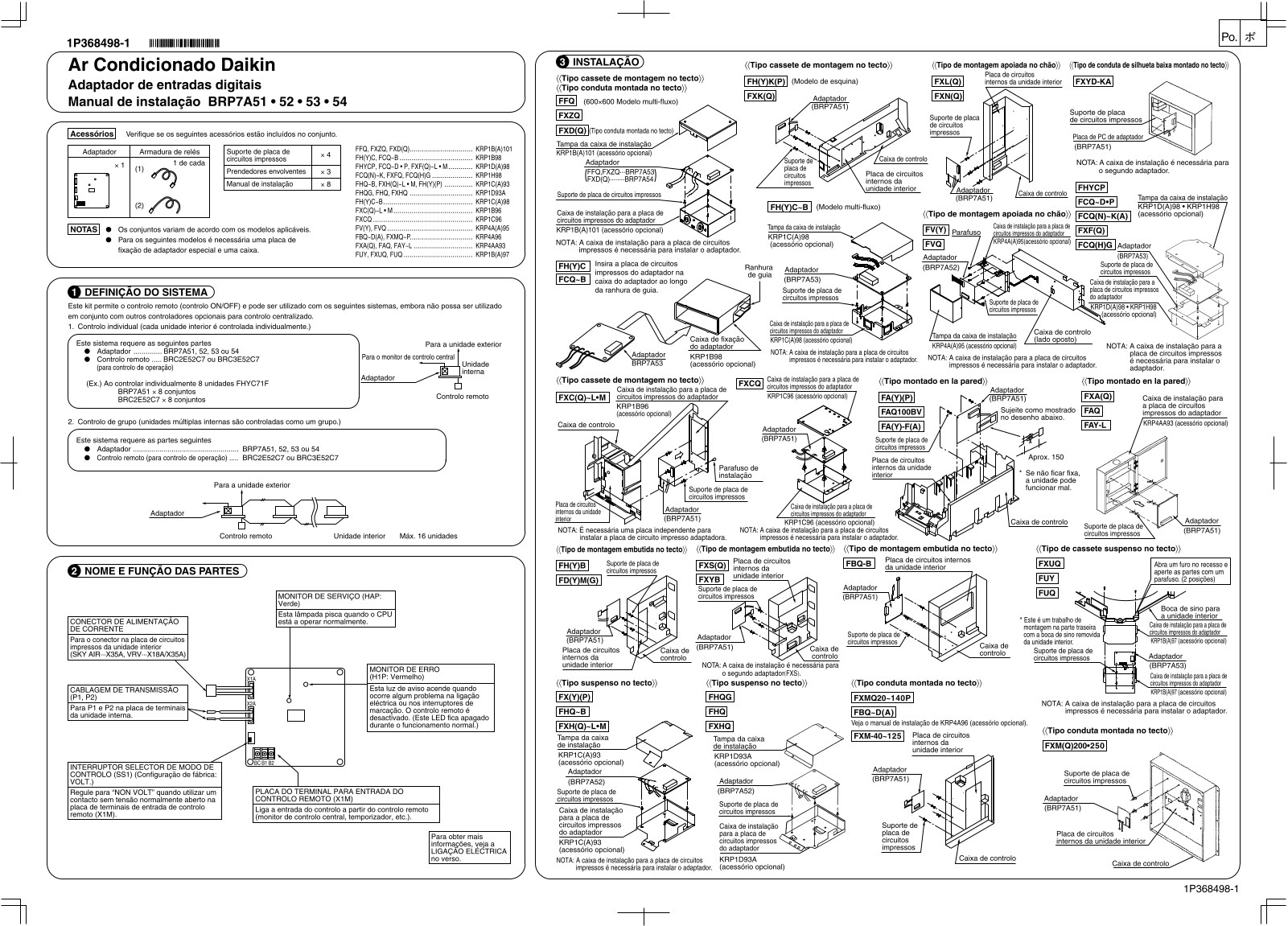 Daikin BRP7A51, BRP7A52, BRP7A53, BRP7A54 Installation manuals