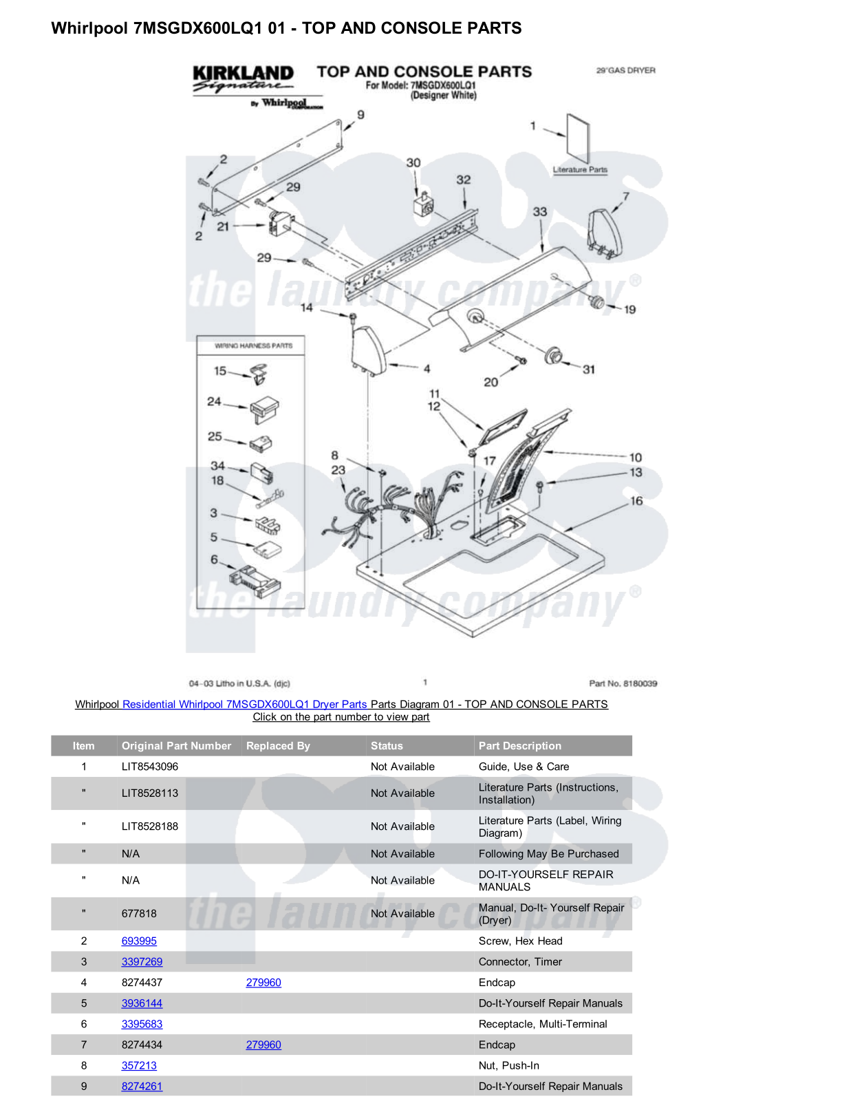 Whirlpool 7MSGDX600LQ1 Parts Diagram