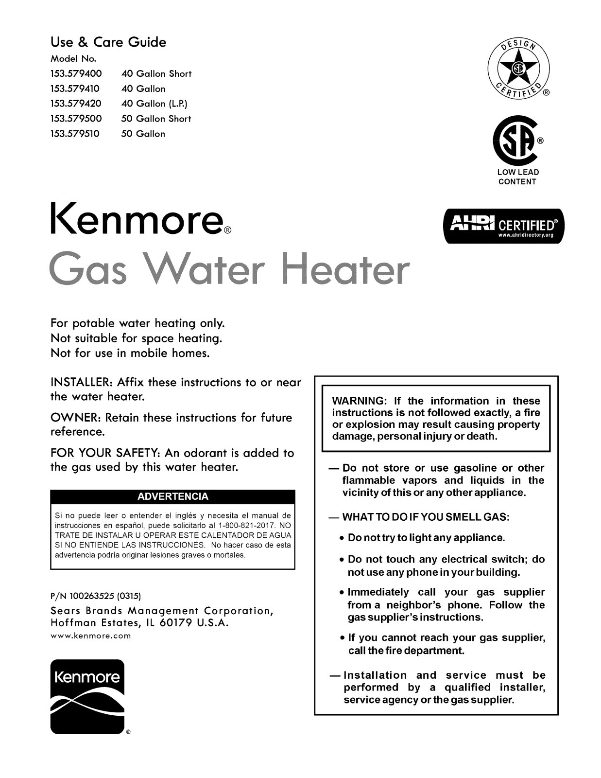 Kenmore 153579510, 153579500, 153579420, 153579410, 153579400 Owner’s Manual