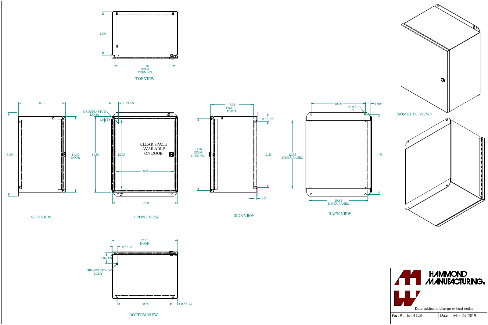 Hammond Manufacturing EJ14128 technical drawings