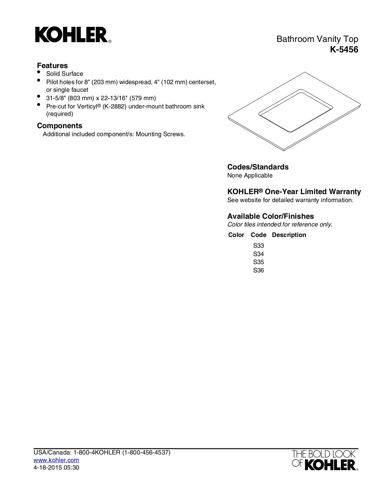 Kohler KOH20372 Specifications - ManualMachine.com