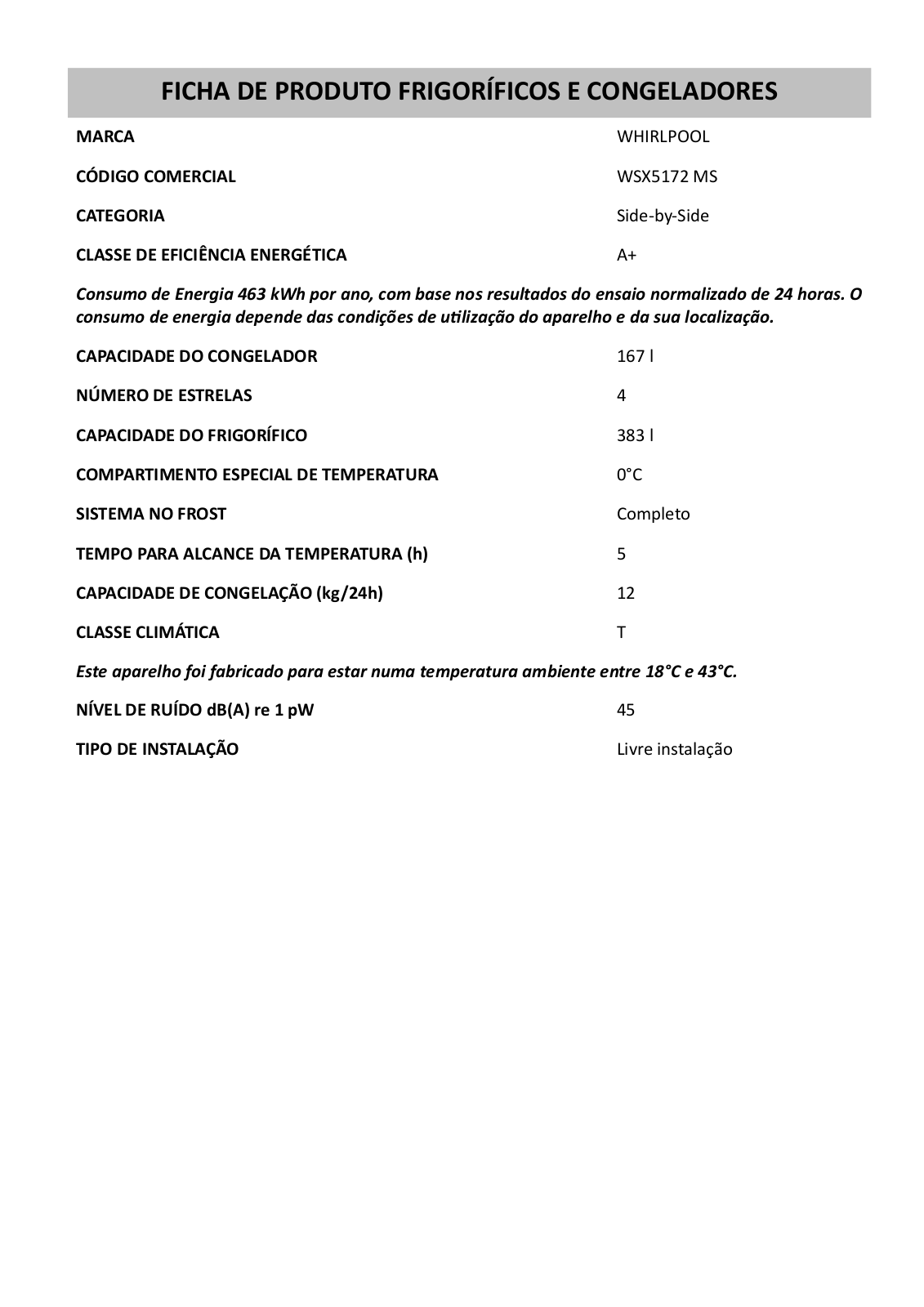 Whirlpool WSX5172 MS PRODUCT INFORMATION