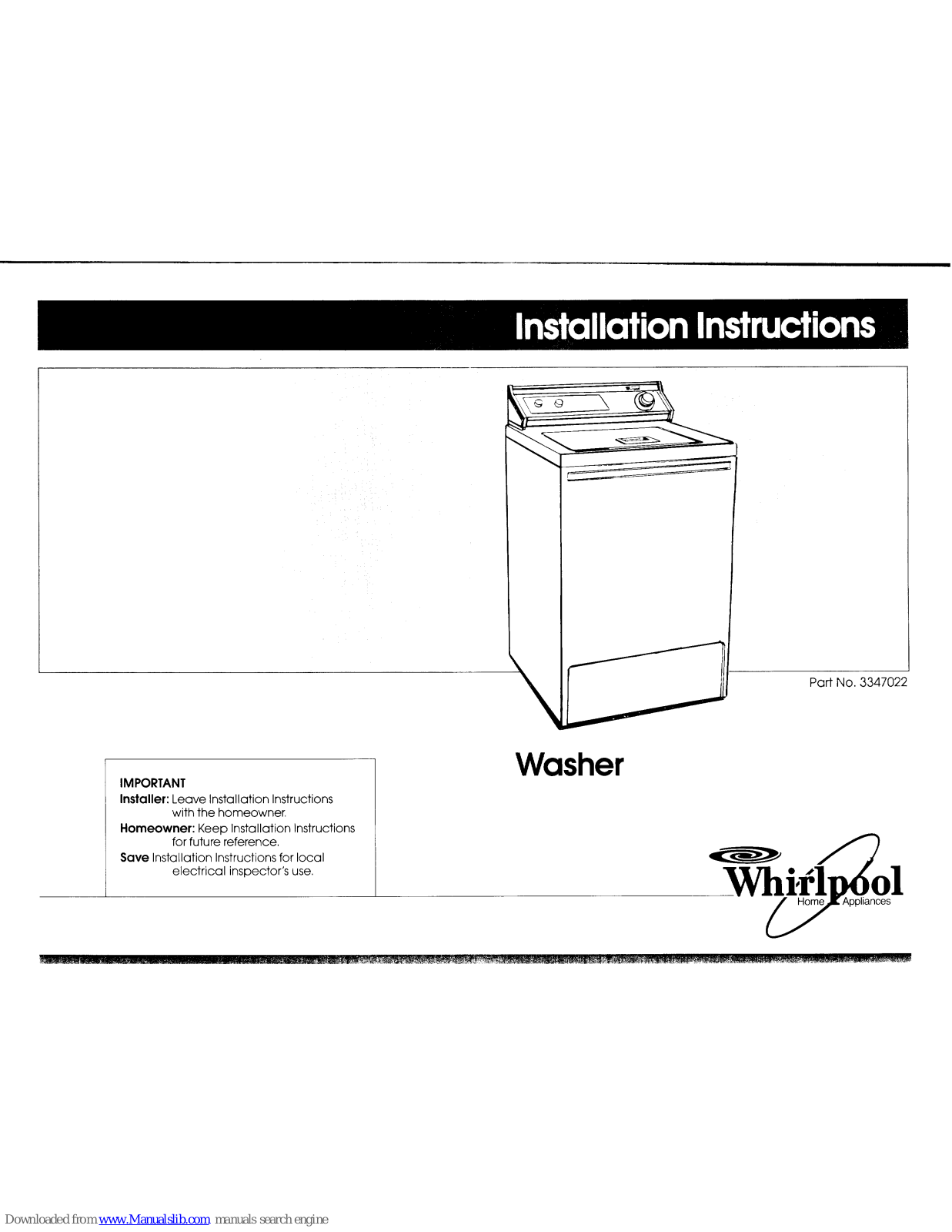 Whirlpool LA5720XTW0 Installation Instructions Manual