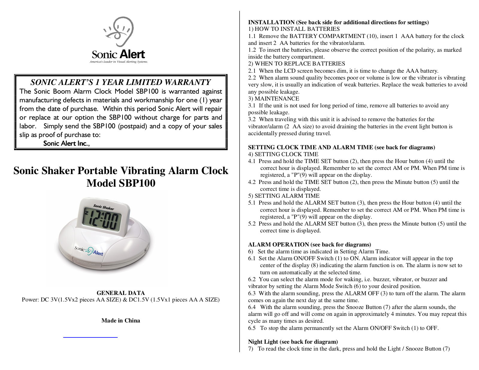 Sonic Alert SBP100 User Manual