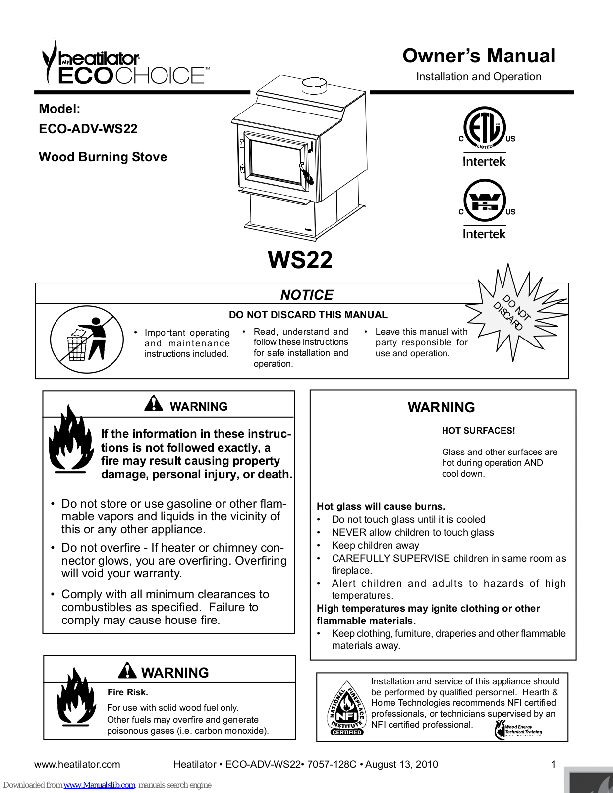 Heatilator ECO-ADV-WS22 Owner's Manual Installation And Operation