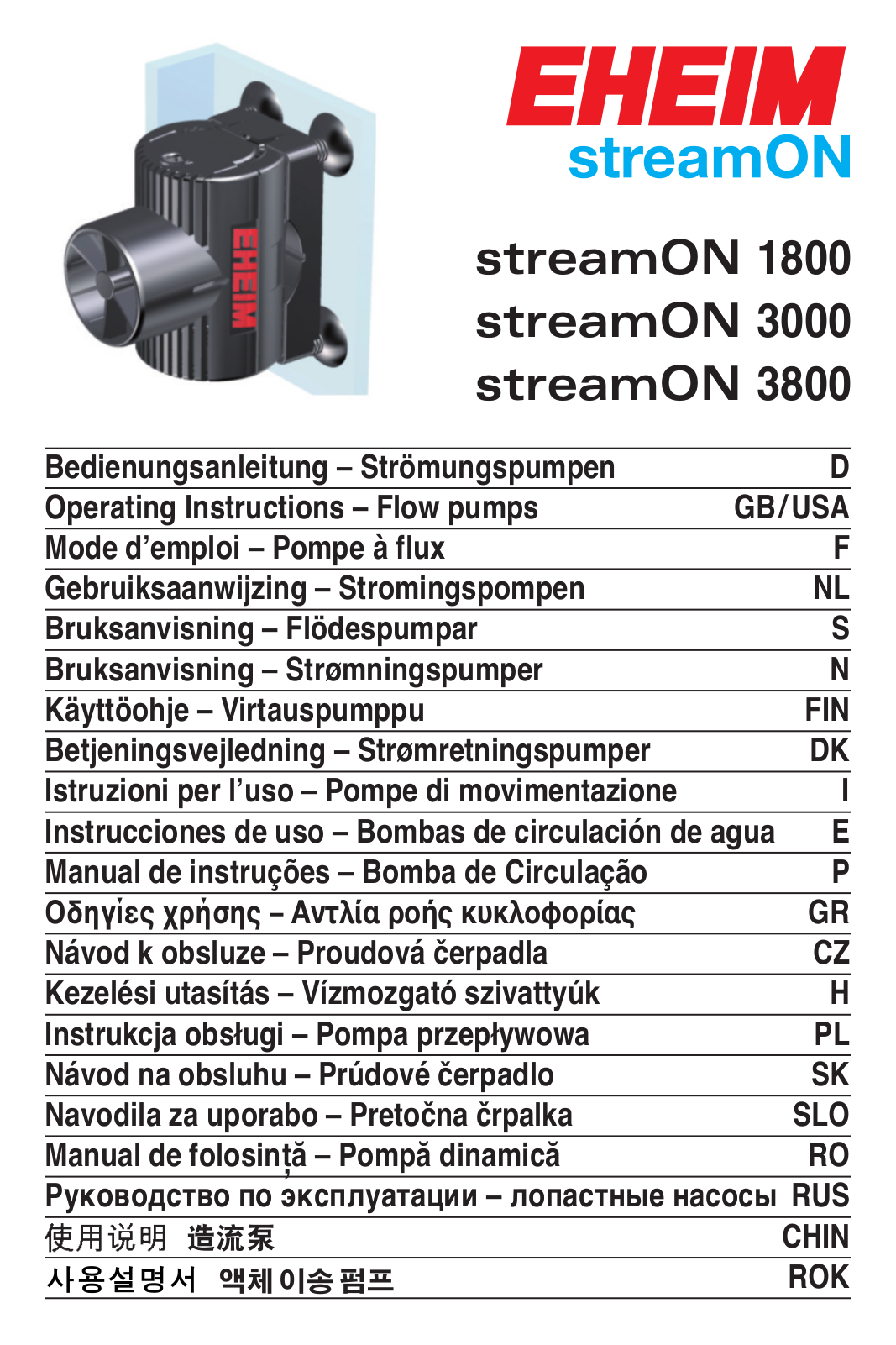 EHEIM streamON 1800, streamON 3000, streamON 3800 Operating Instructions Manual