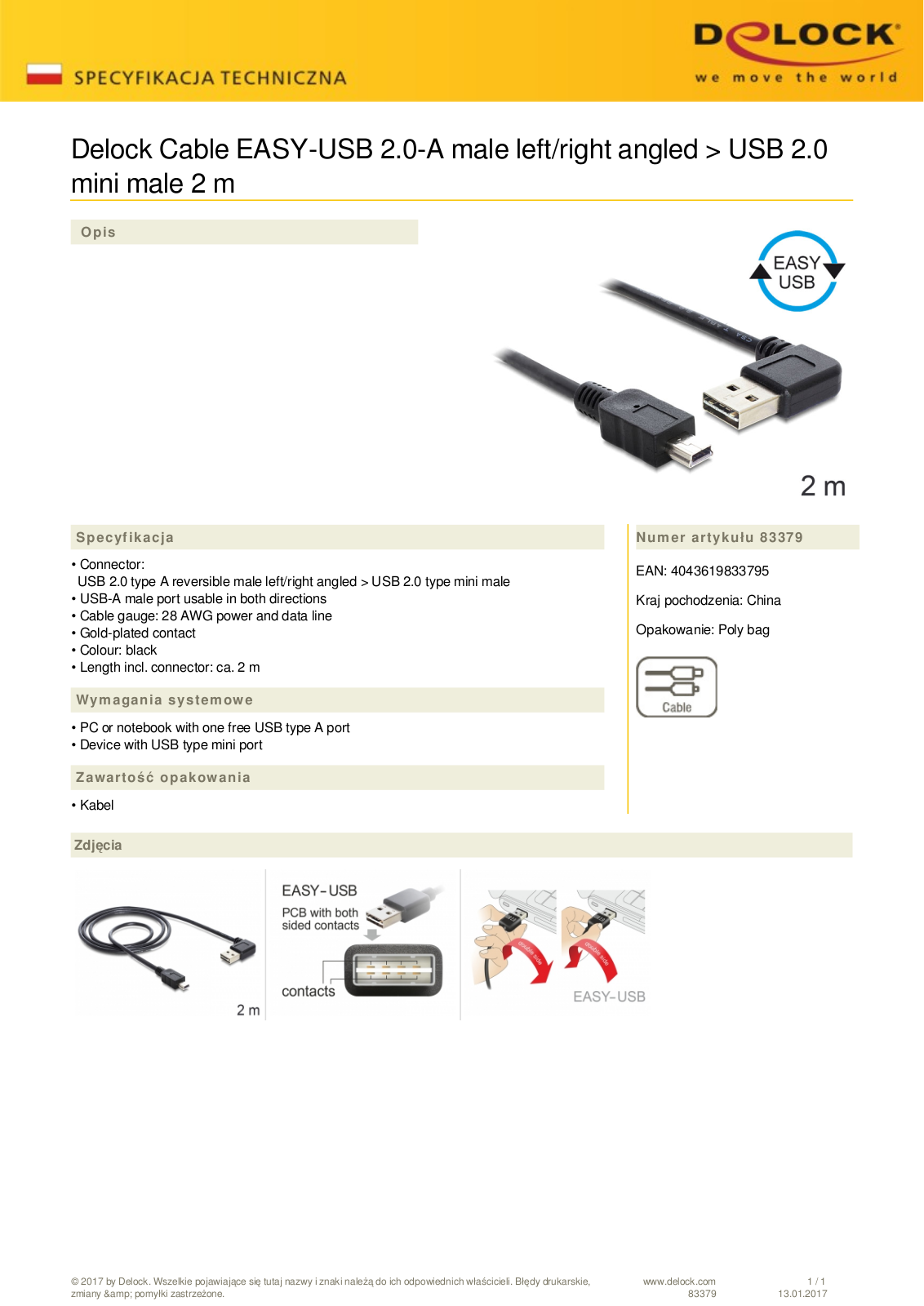 DeLOCK EASY-USB 2.0 cable, USB-A 90° horizontal angled  plug  on mini-USB  plug , 2m User Manual - ManualMachine.com