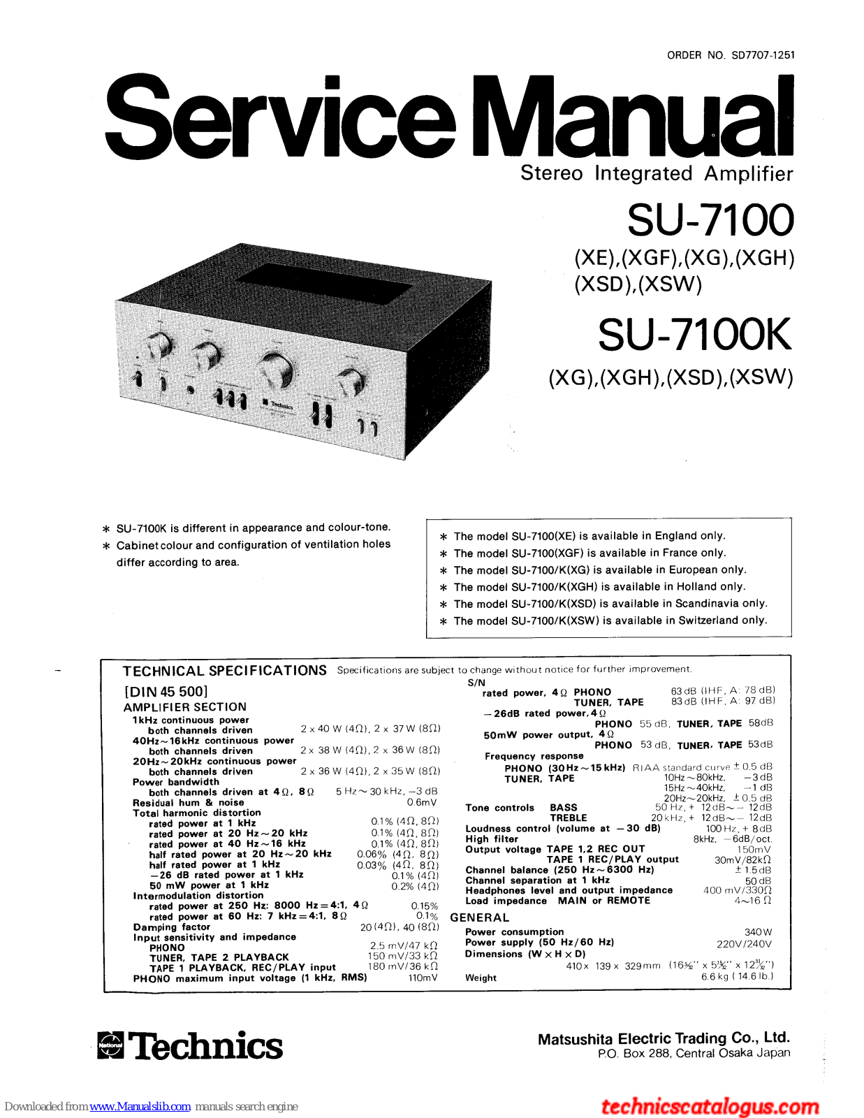 Technics SU-7100K (XG), SU-7100 (XGF), SU-7100 (XG), SU-7100 (XSW), SU-7100K (XGH) Service Manual