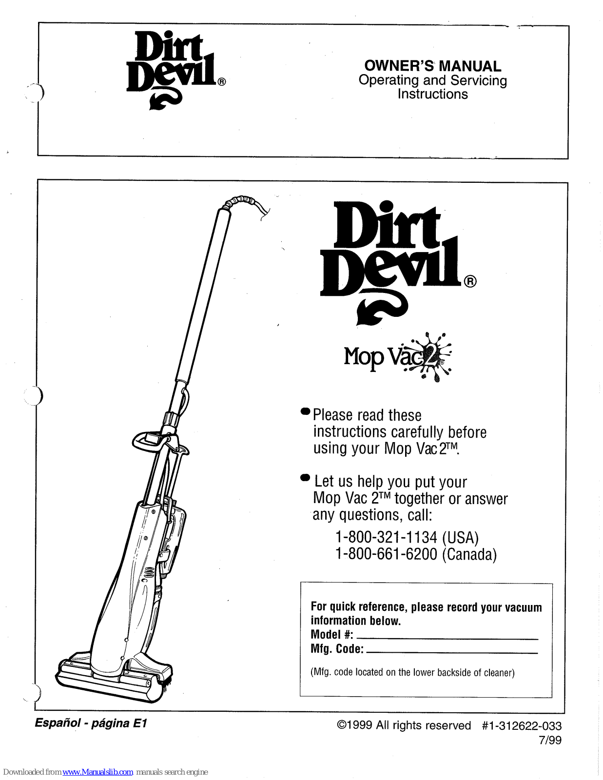 Dirt Devil Mop Vac 2 Owner's Manual - ManualMachine.com