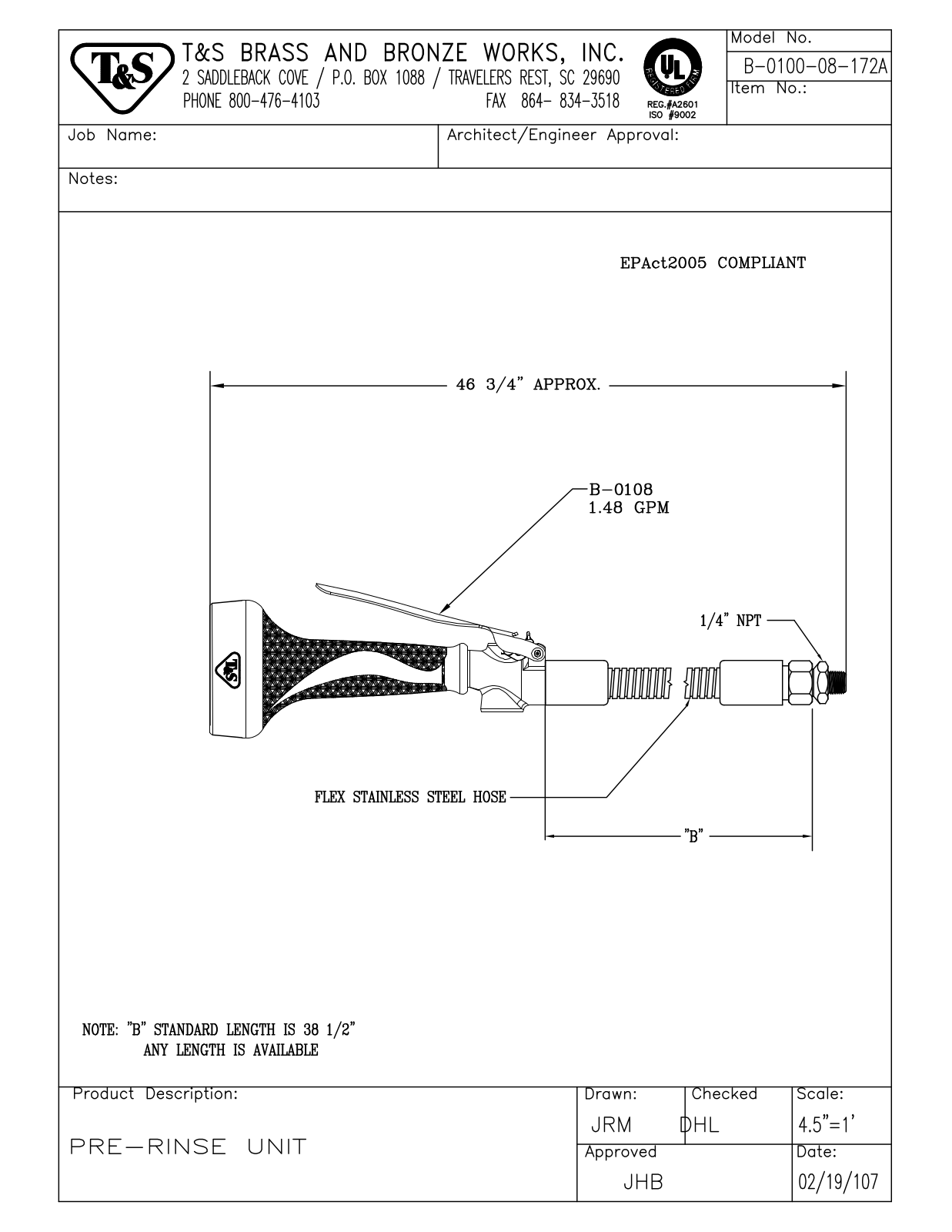 T&S Brass B-0100-08-172A User Manual