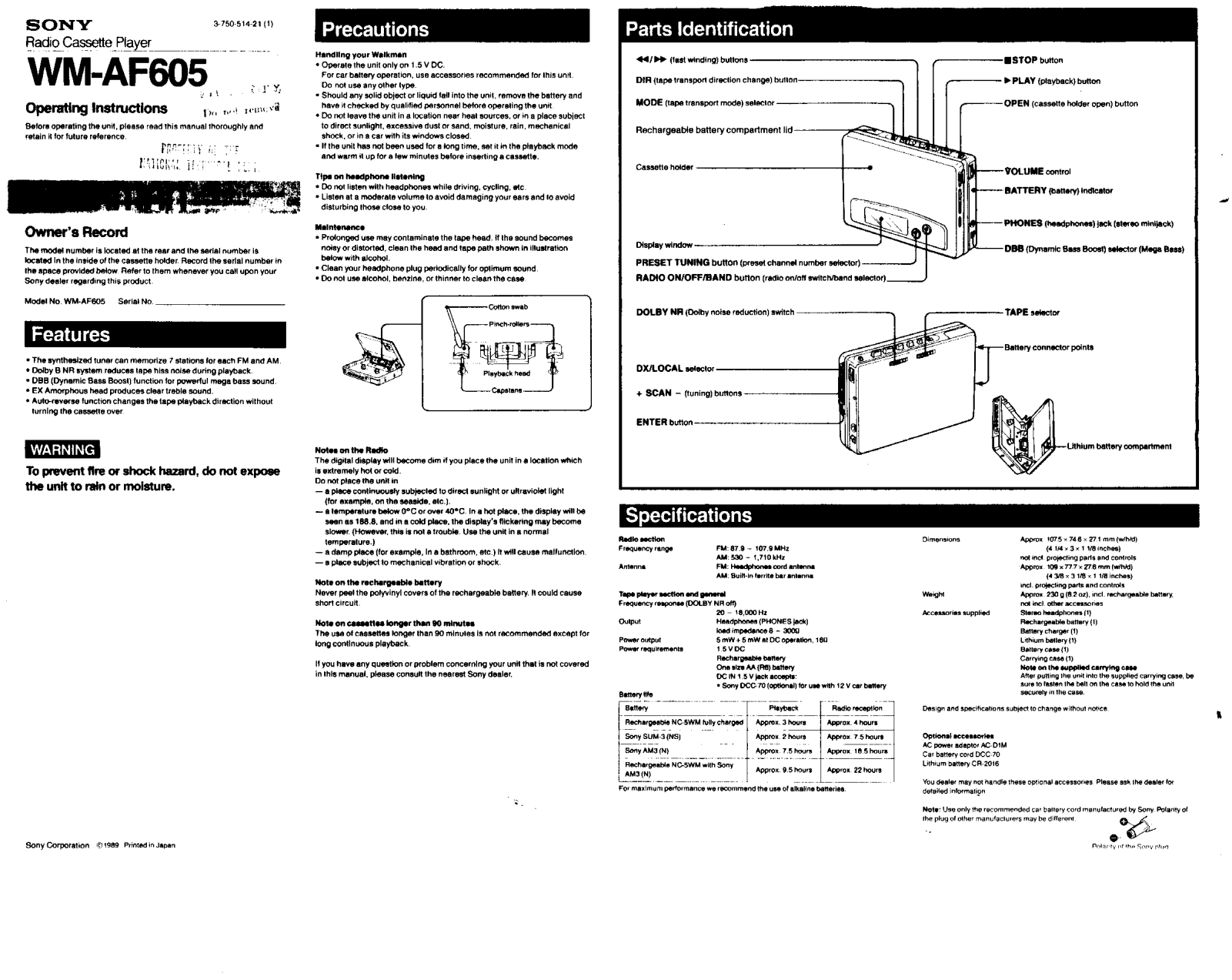 Sony WM-AF605 User Manual