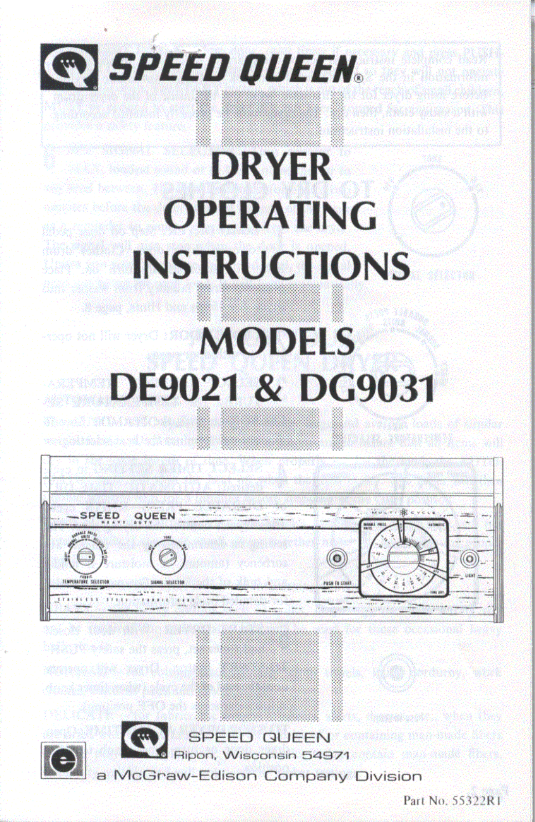 Speed Queen DE9021, 55322R1, DG9031 User Manual