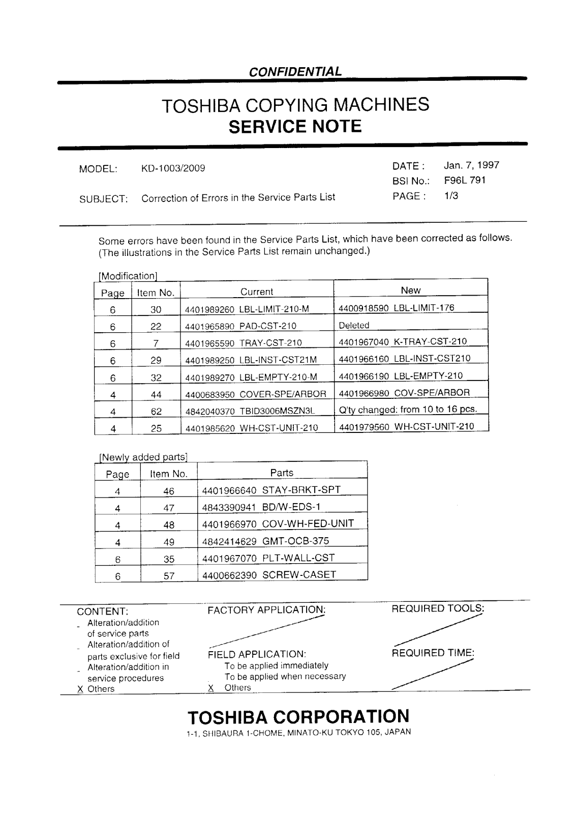 Toshiba f97l791 Service Note