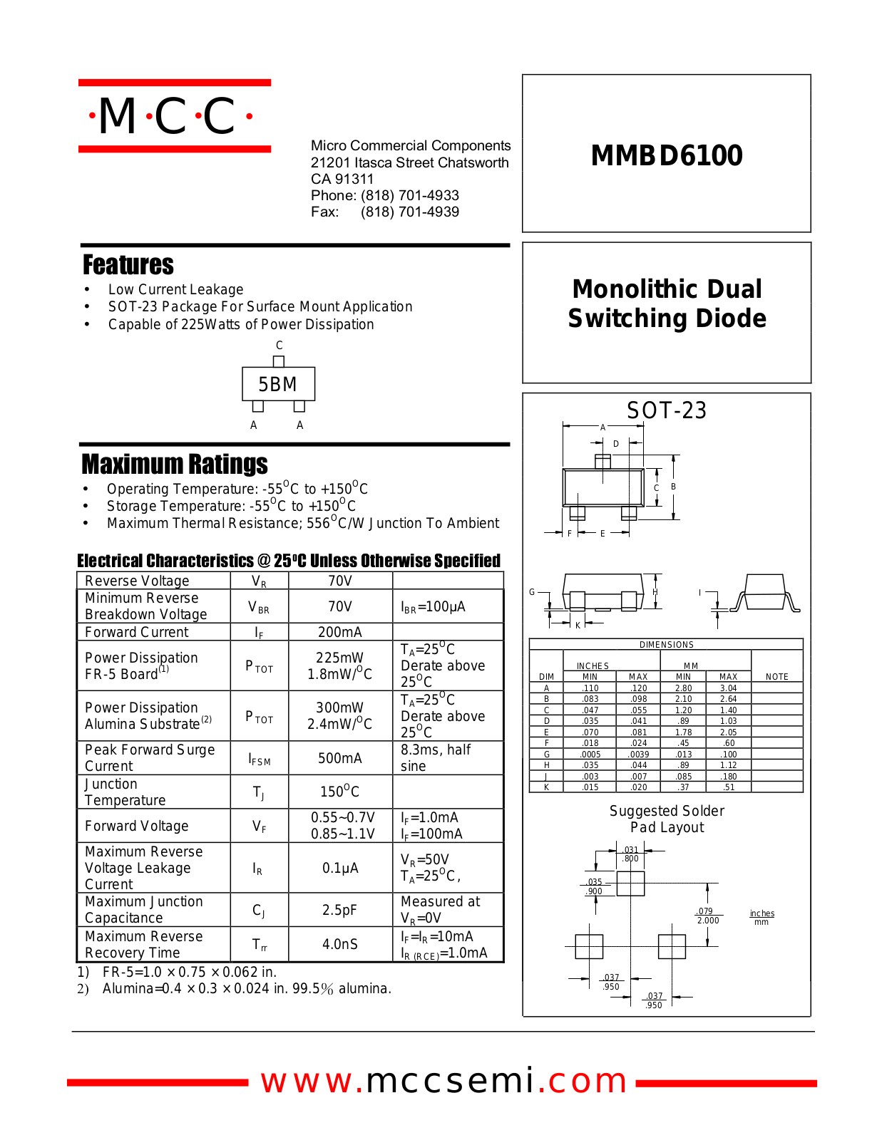 MCC MMBD6100 Datasheet