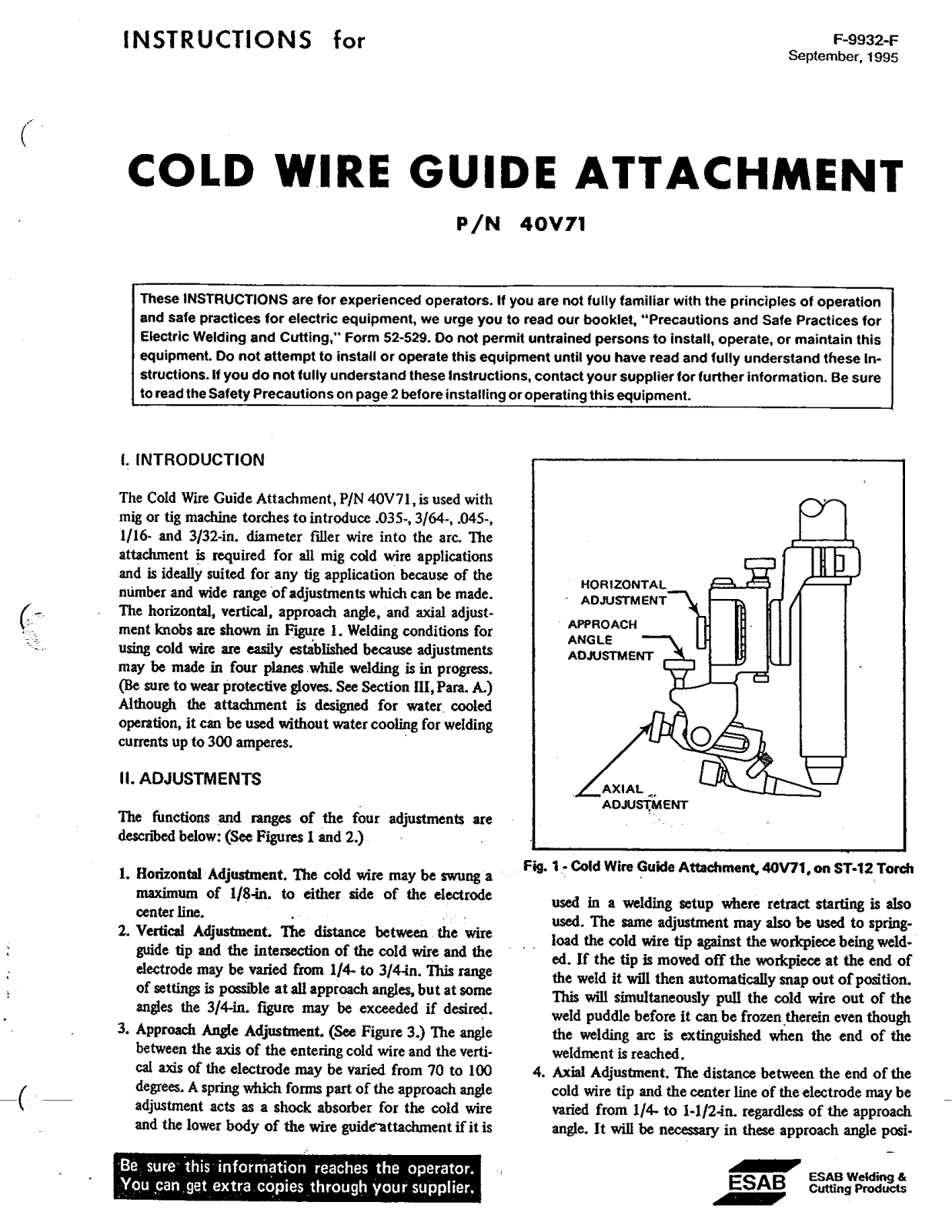 UNION CARBIDE Cold Wire Guide Attachment Instruction manual / Spare parts list (Replacement parts)