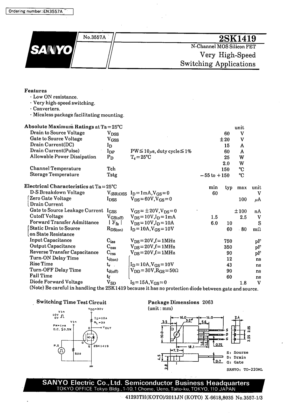 SANYO 2SK1419 Datasheet