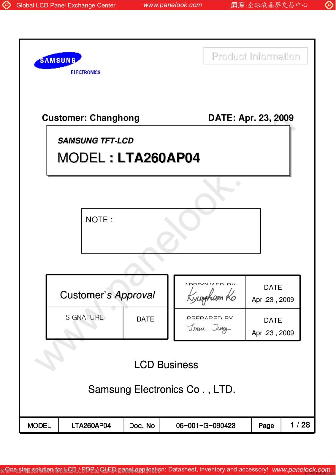 SAMSUNG LTA260AP04 Specification